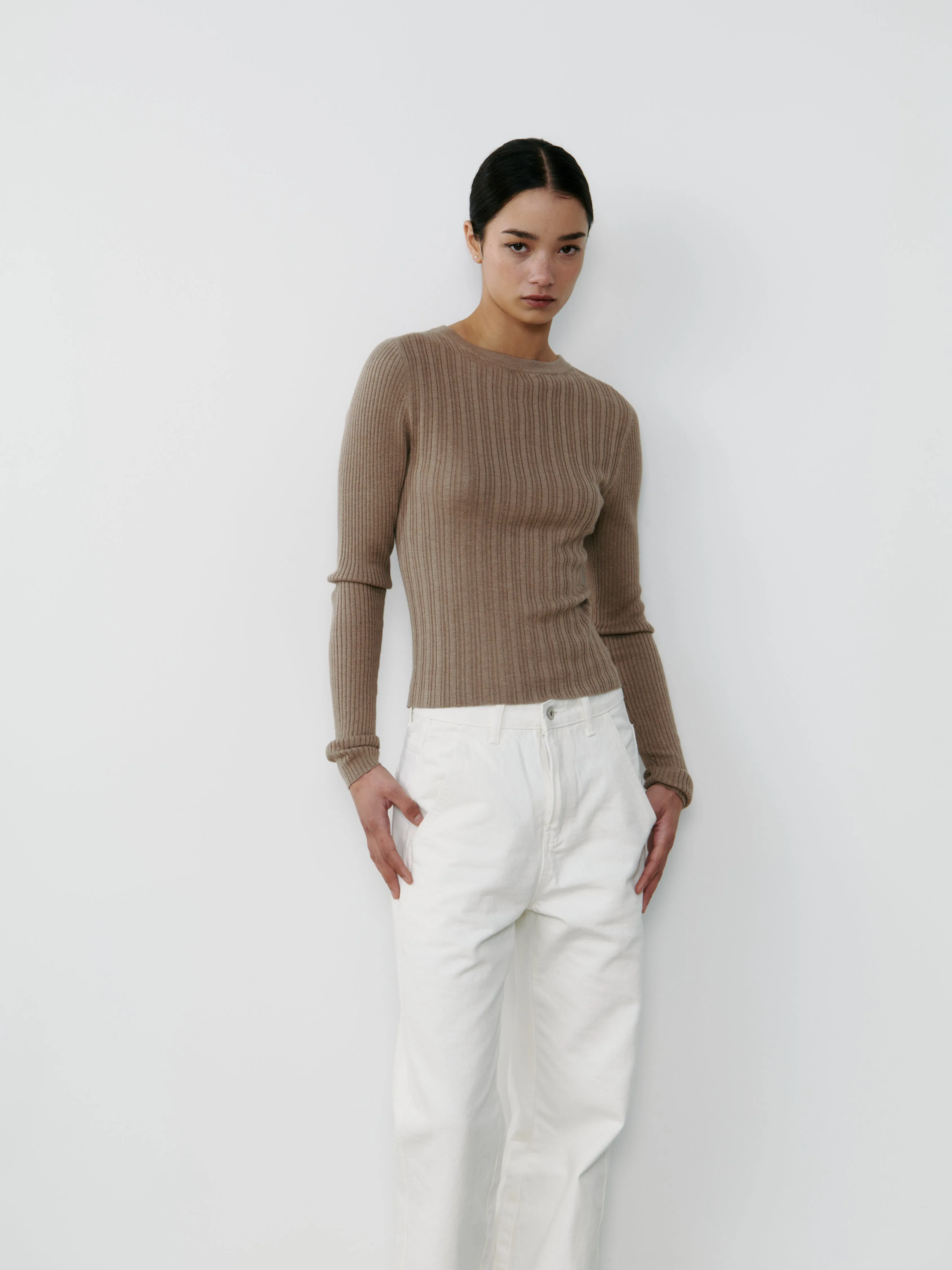 Silk Ribbed Boatneck Top - Mink