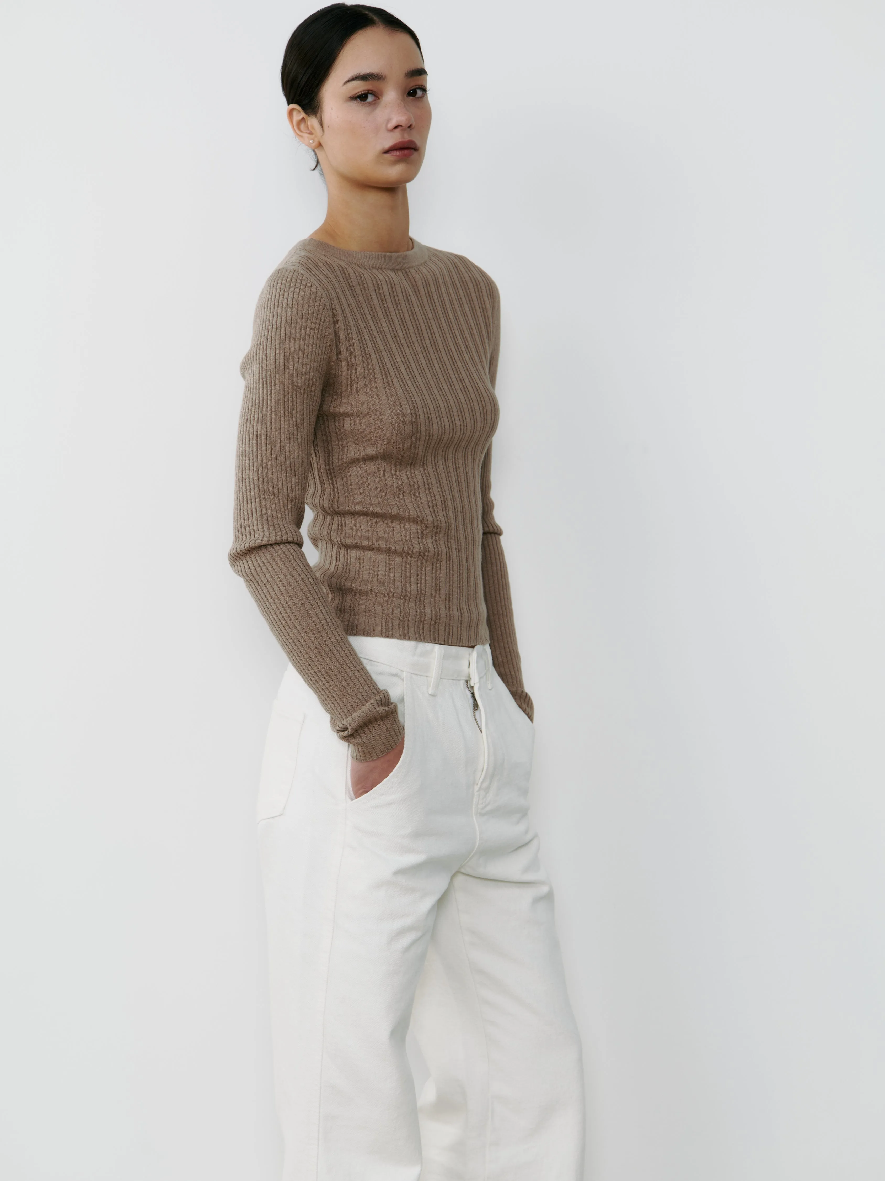 Silk Ribbed Boatneck Top - Mink