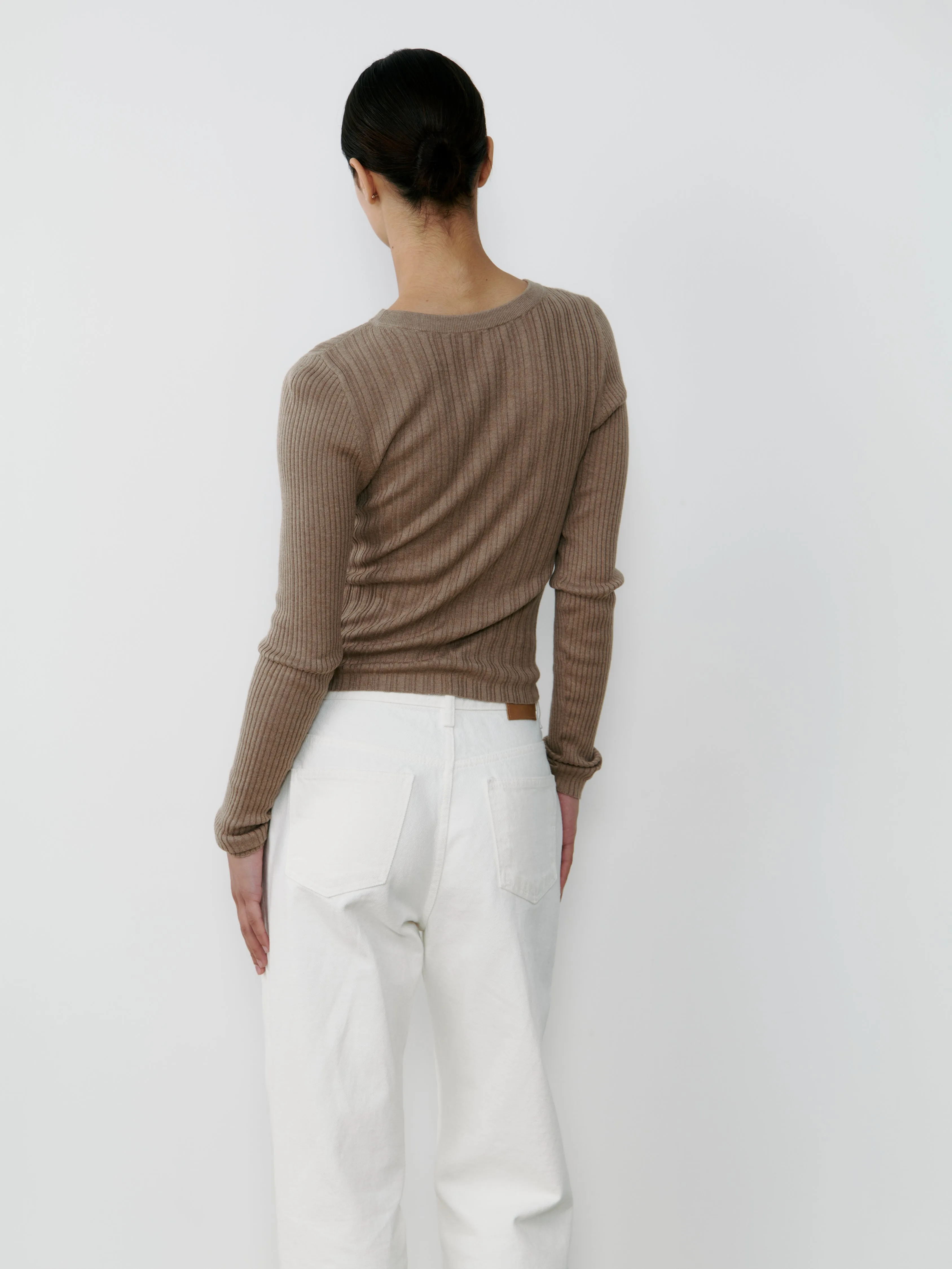 Silk Ribbed Boatneck Top - Mink