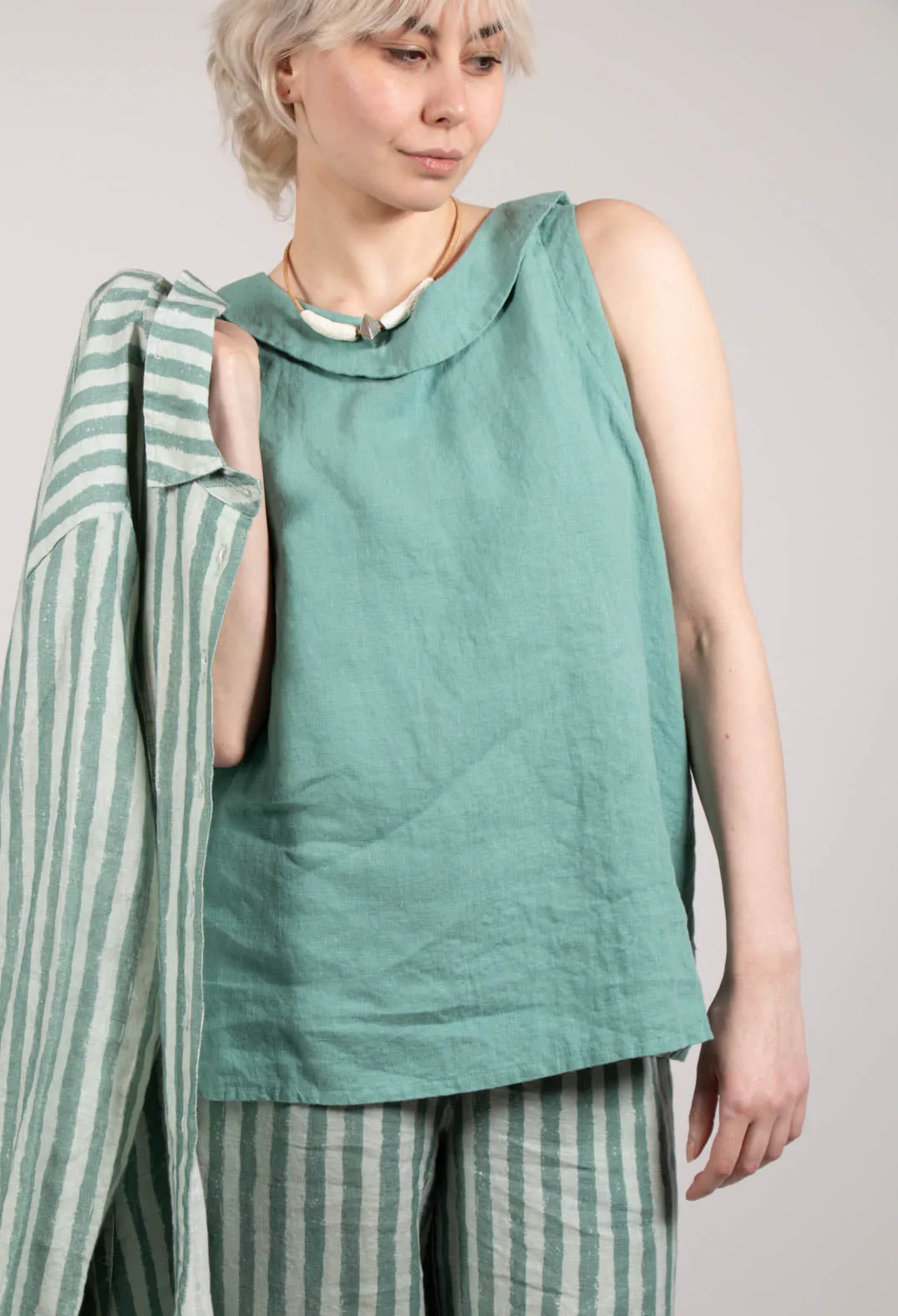 Stitch Detail Linen Vest Top in Teal