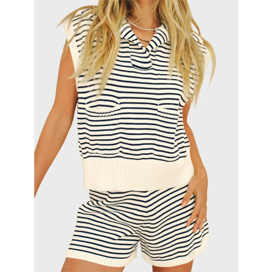 Striped Cap Sleeve Top and Shorts Sweater Set