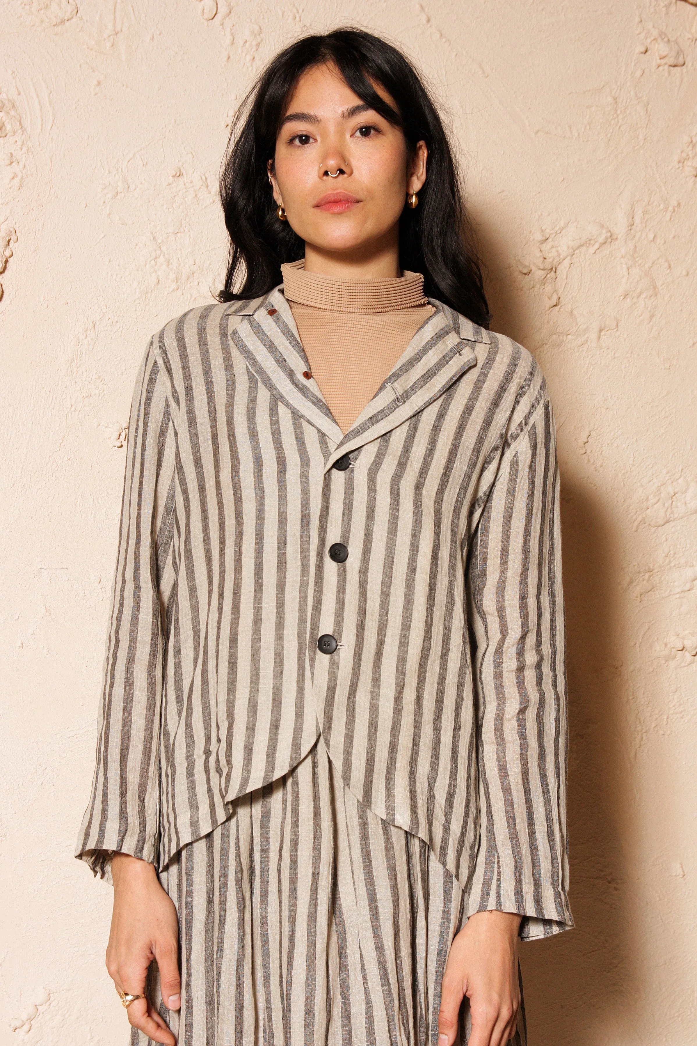 Striped Linen Blazer Black