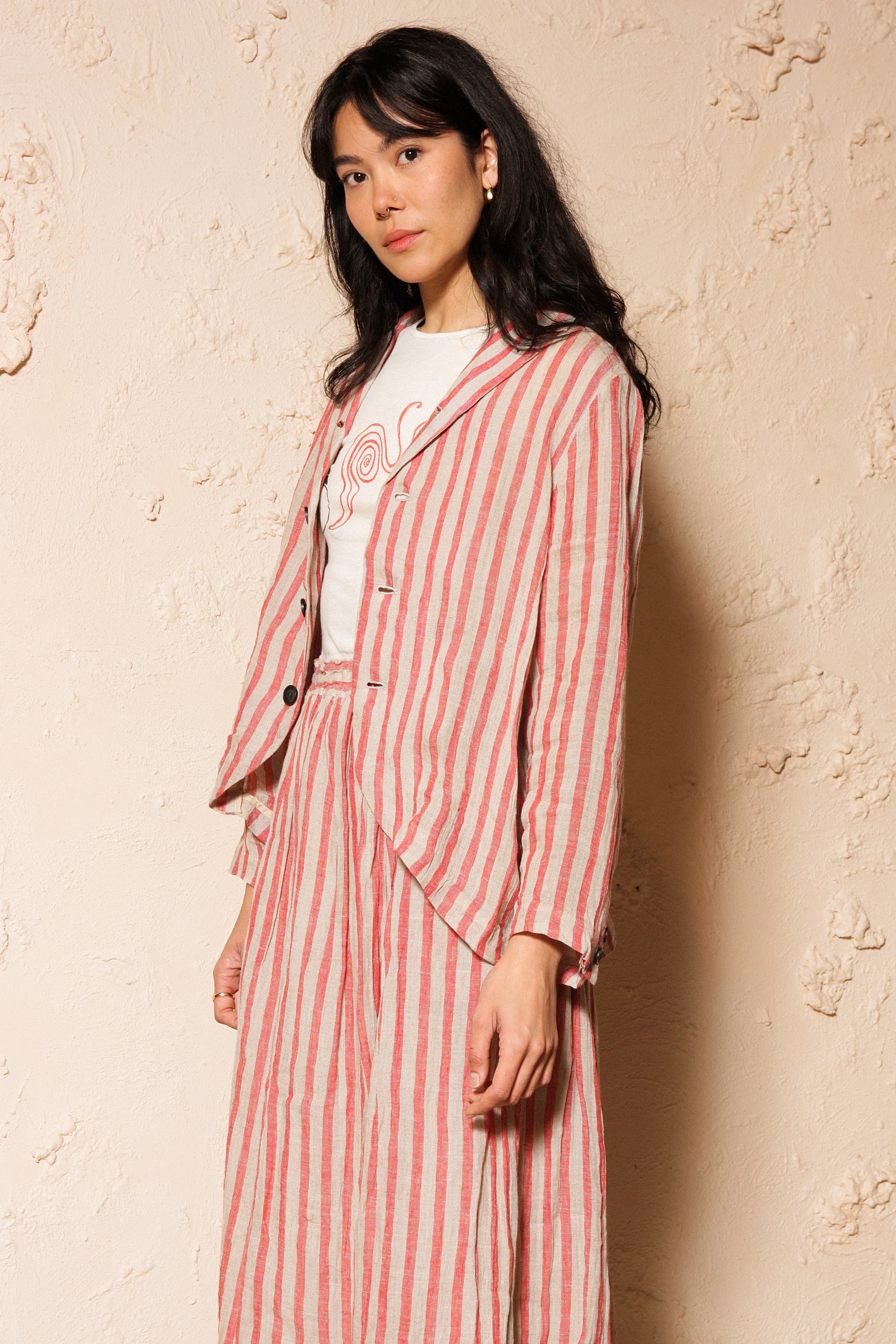 Striped Linen Blazer Red