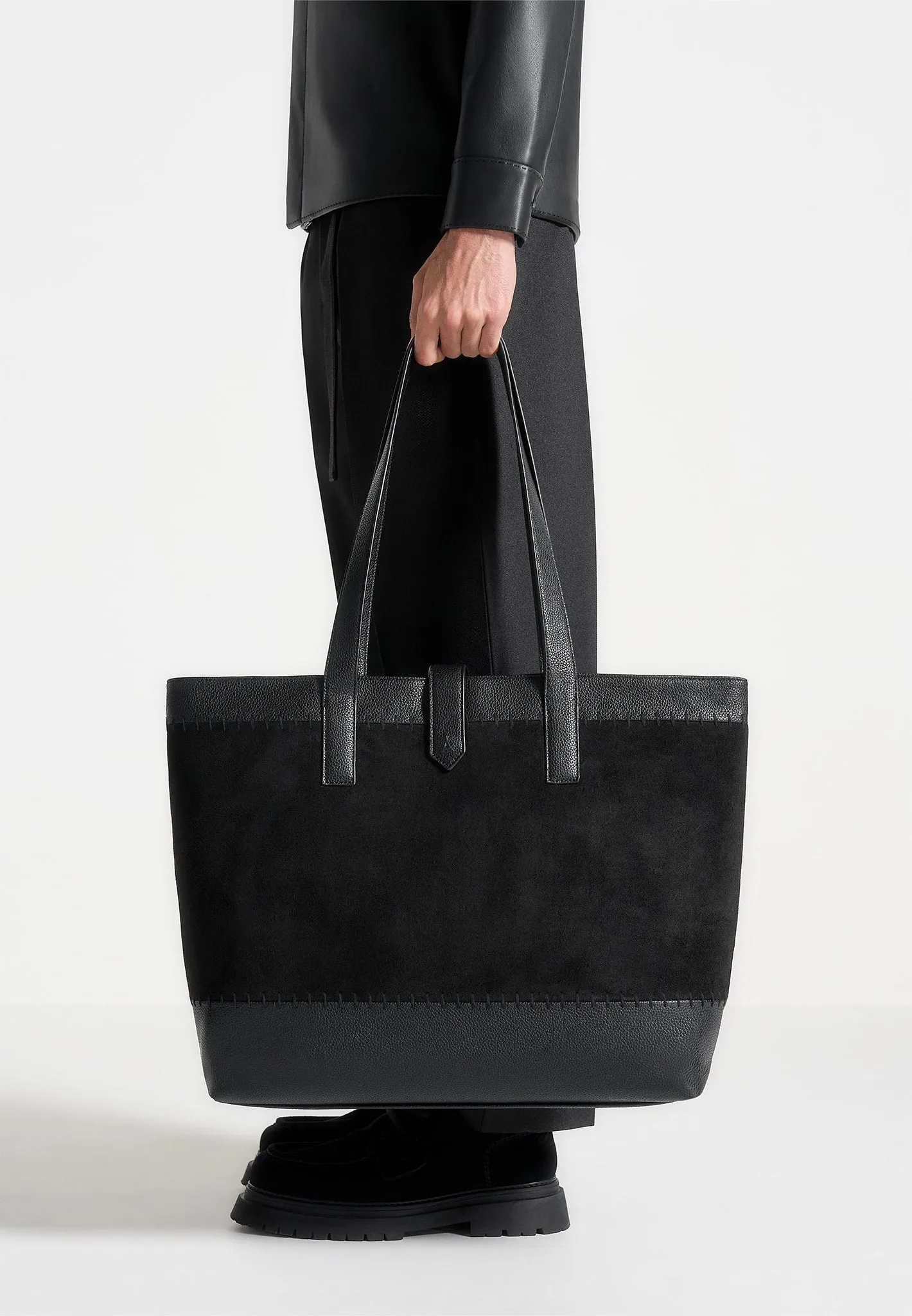 Suede & Pebbled Leather Whipstitch Tote Bag - Black