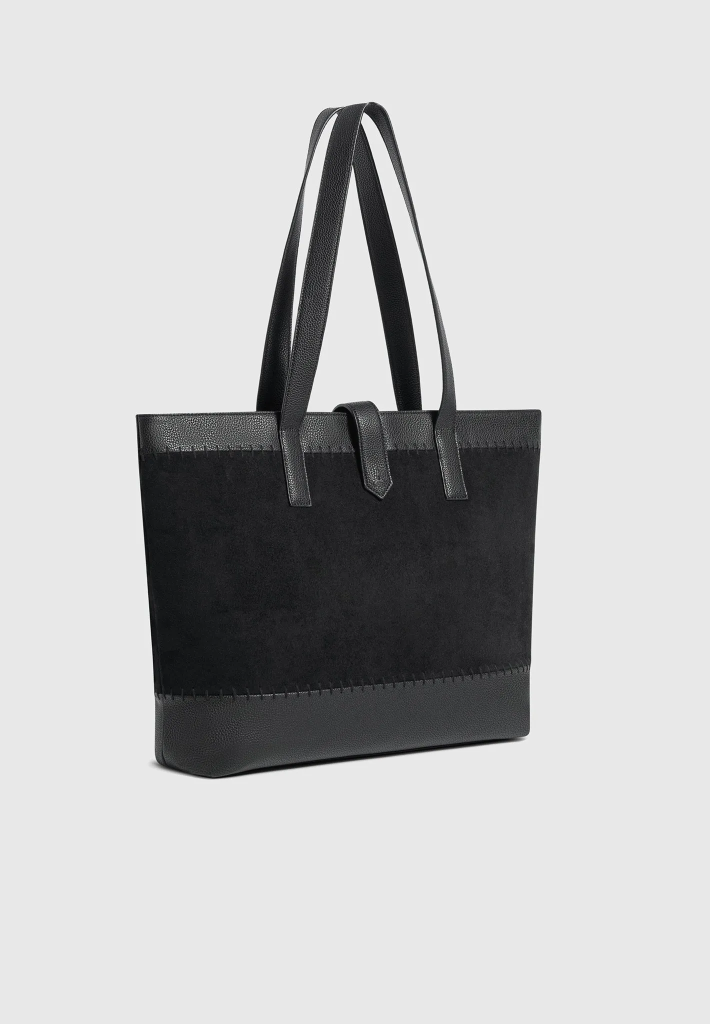 Suede & Pebbled Leather Whipstitch Tote Bag - Black