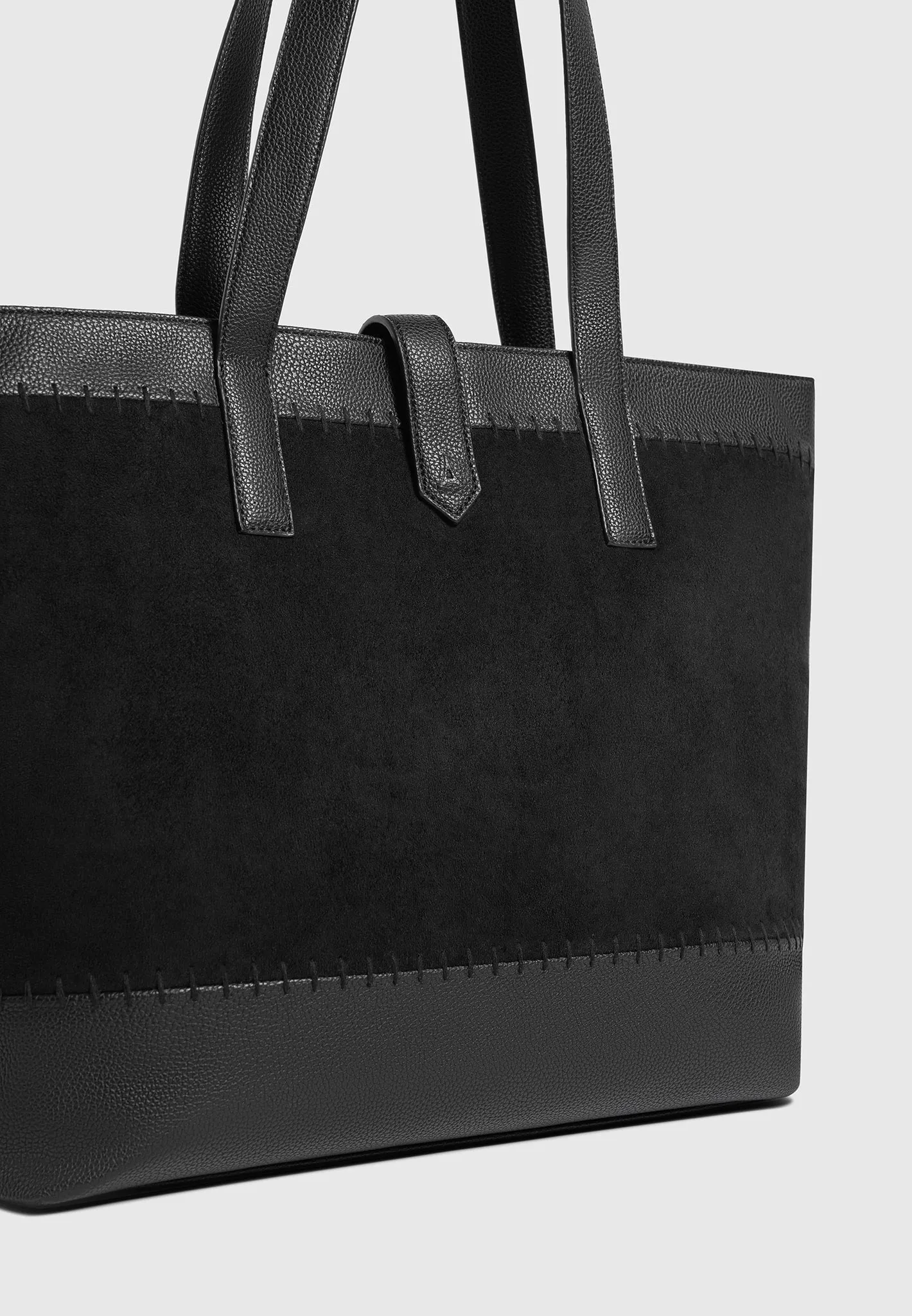 Suede & Pebbled Leather Whipstitch Tote Bag - Black