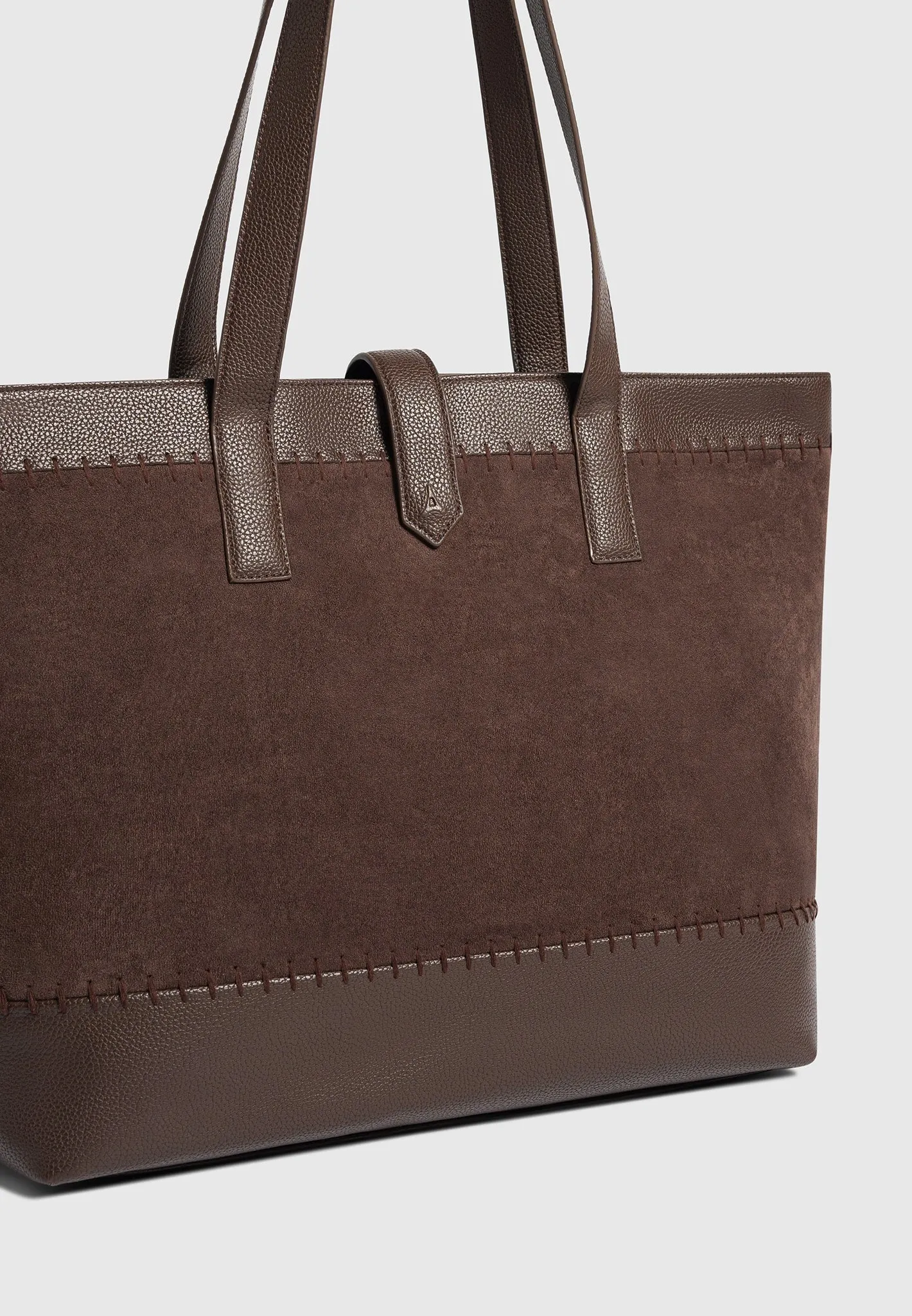 Suede & Pebbled Leather Whipstitch Tote Bag - Brown