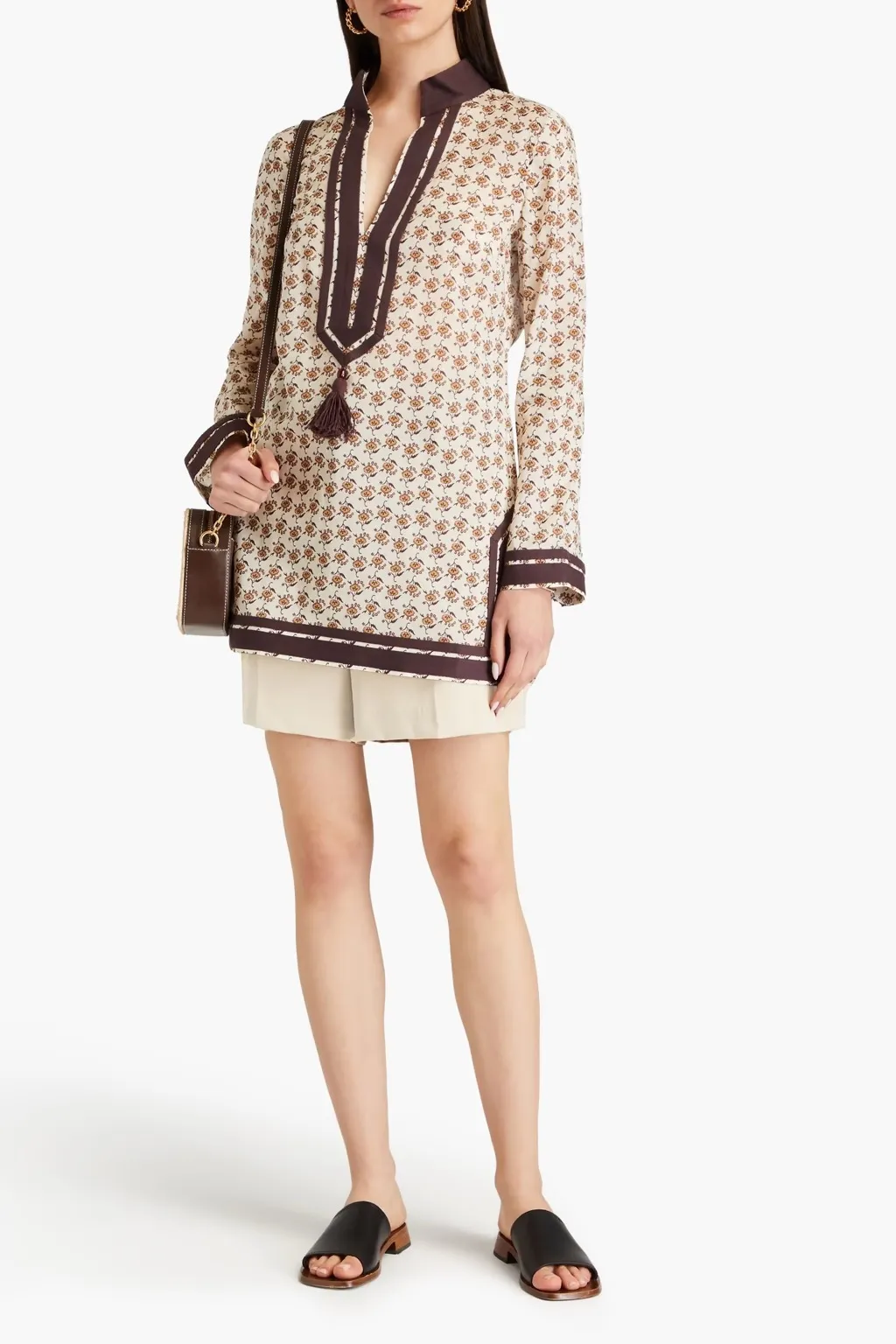 Tory Burch Flower Patterns Rib Long Sleeves Cotton Logo Tunics.