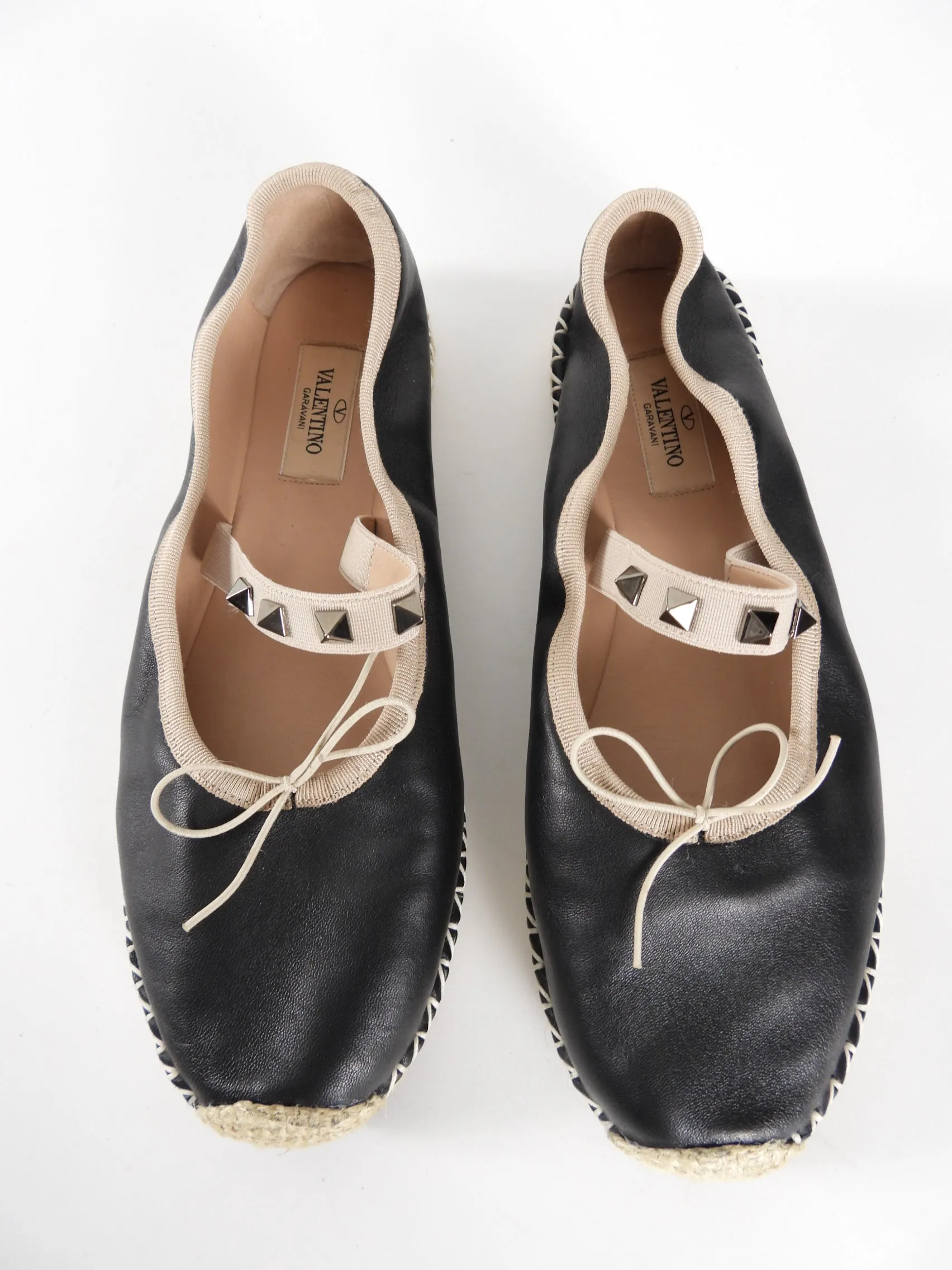 Valentino Black Leather Rockstud Espadrille Ballerina Flats Size 38 - 8