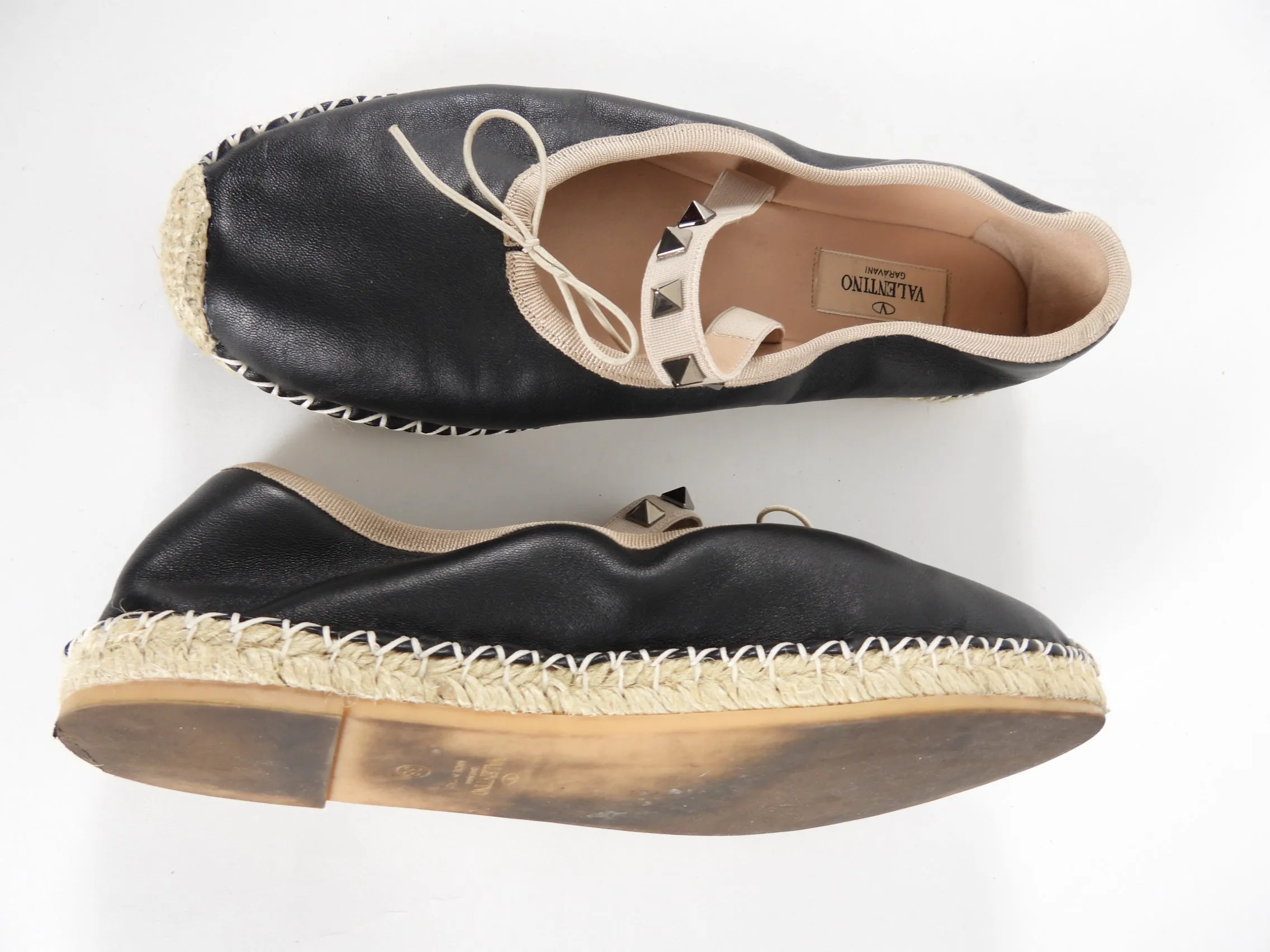 Valentino Black Leather Rockstud Espadrille Ballerina Flats Size 38 - 8