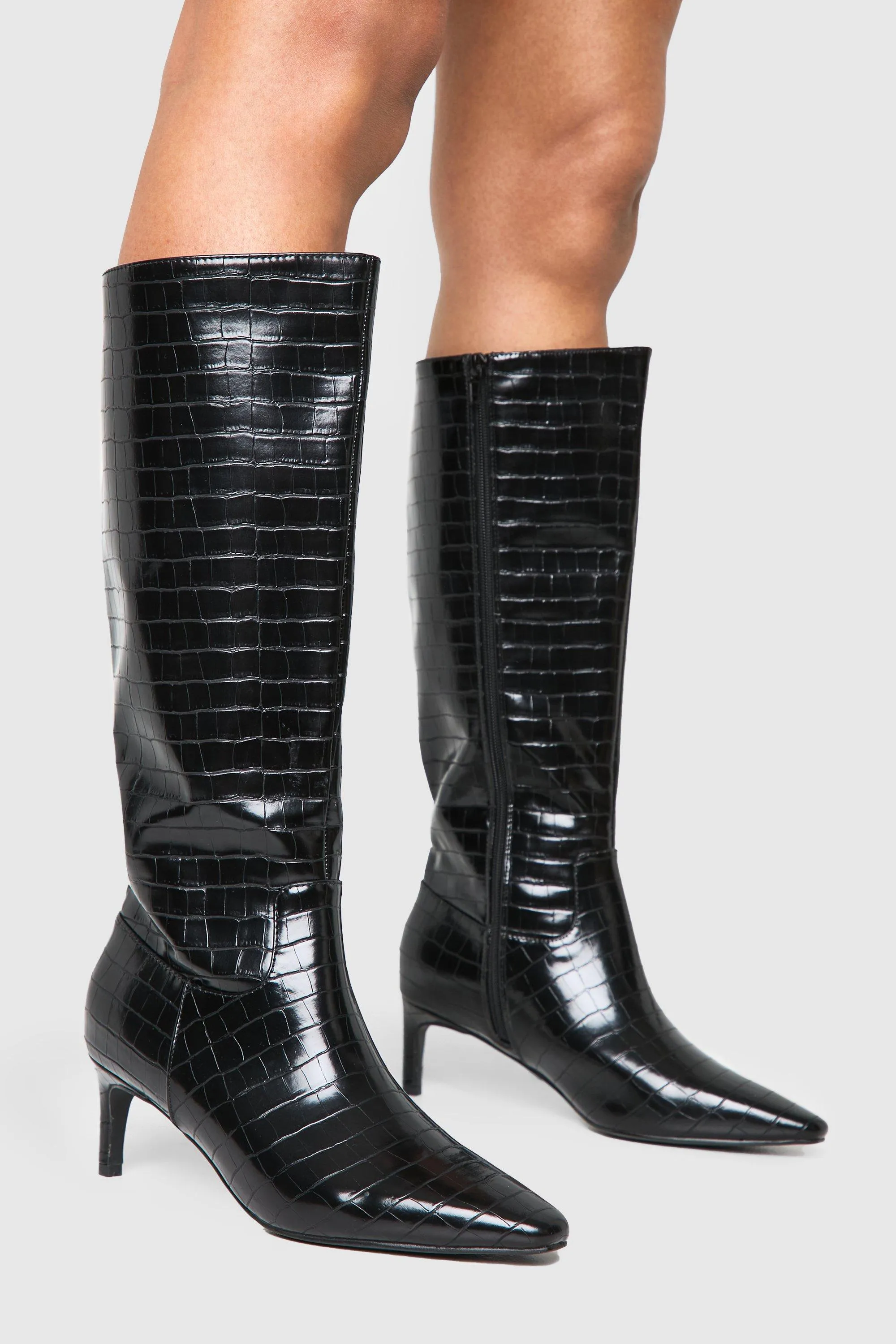 Wide Fit Croc Knee High Low Heeled Boots