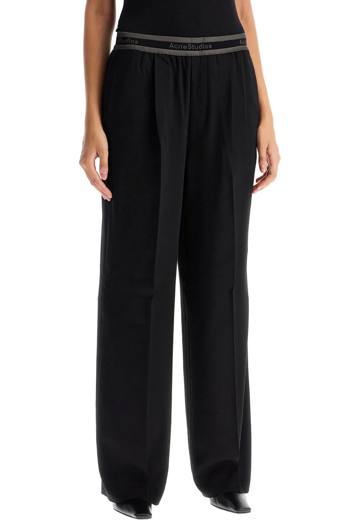 wide twill pants with elastic waistband AK0826 BLACK