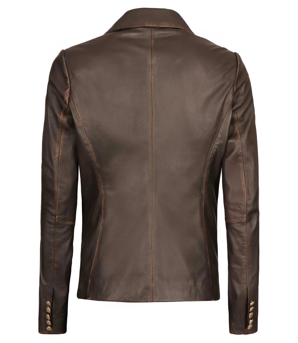 Women's Double-Breasted Rub Off Brown Leather Blazer 