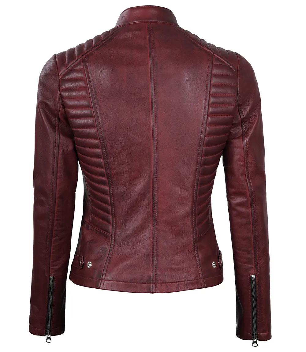 Women's Maroon Leather Cafe Racer Jacket with Padded Shoulders