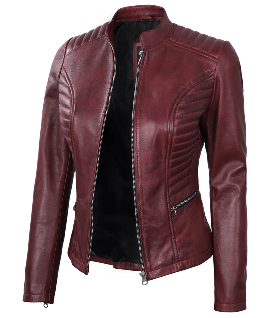 Women's Maroon Leather Cafe Racer Jacket with Padded Shoulders