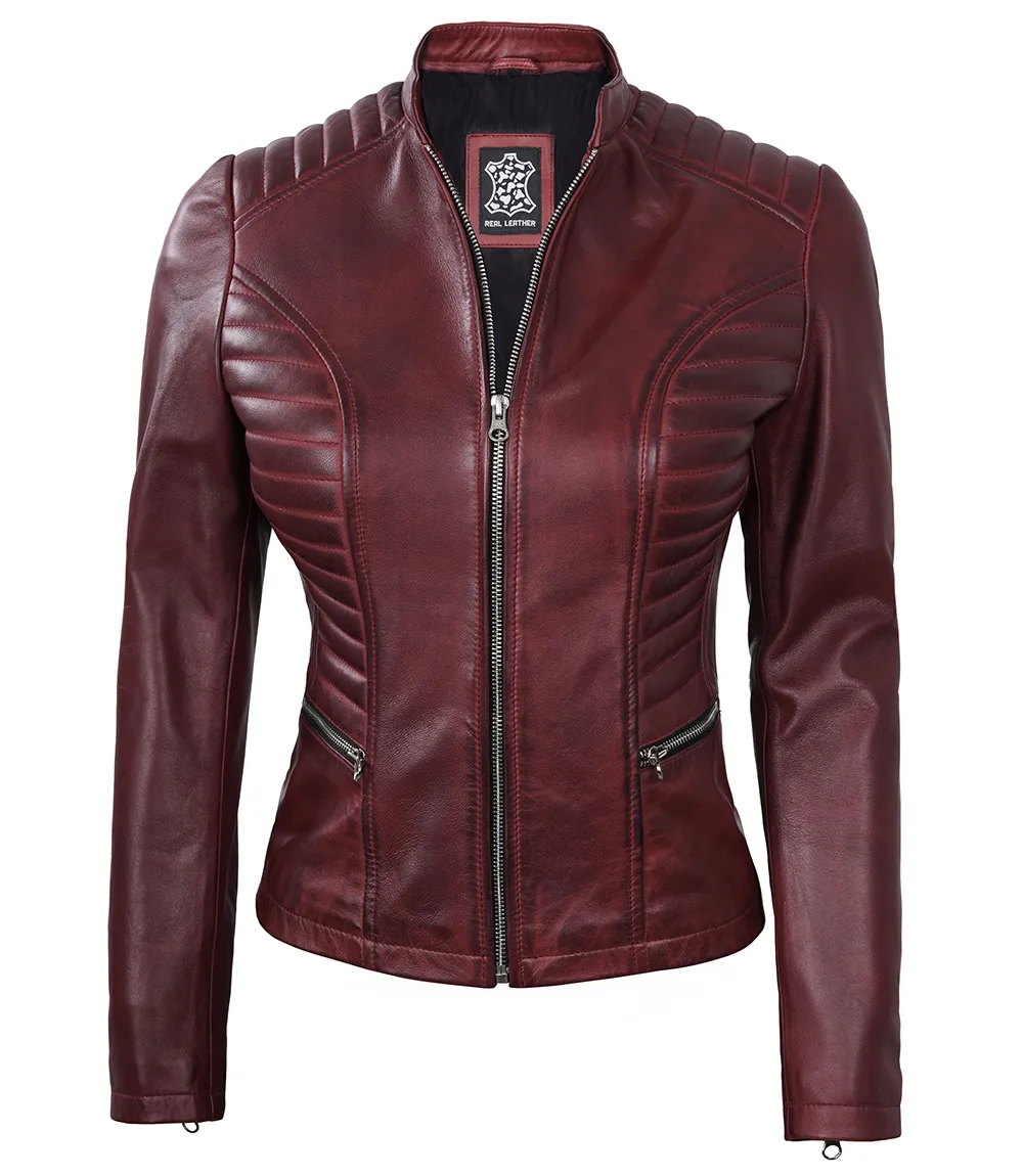 Women's Maroon Leather Cafe Racer Jacket with Padded Shoulders