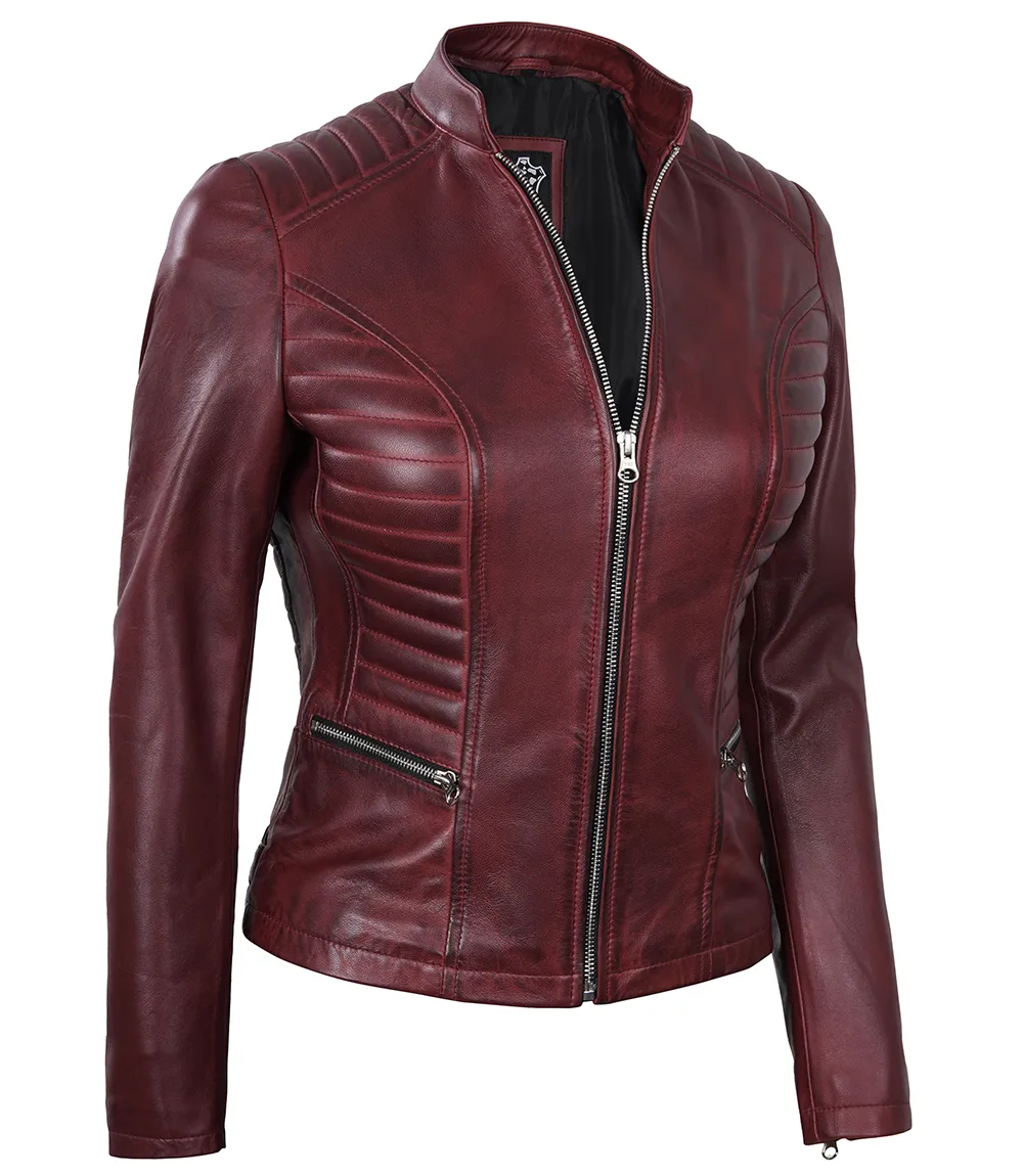 Women's Maroon Leather Cafe Racer Jacket with Padded Shoulders