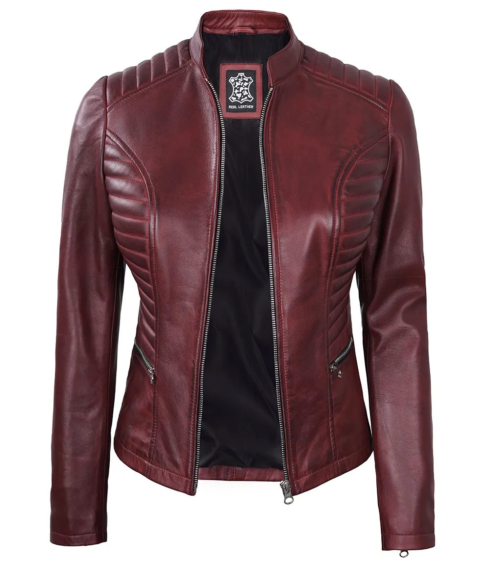 Women's Maroon Leather Cafe Racer Jacket with Padded Shoulders