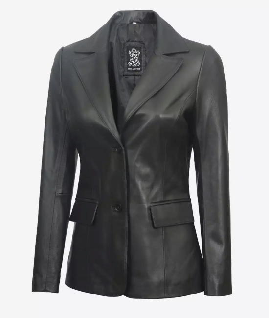 Women's Two Button Black Leather Blazer Jacket