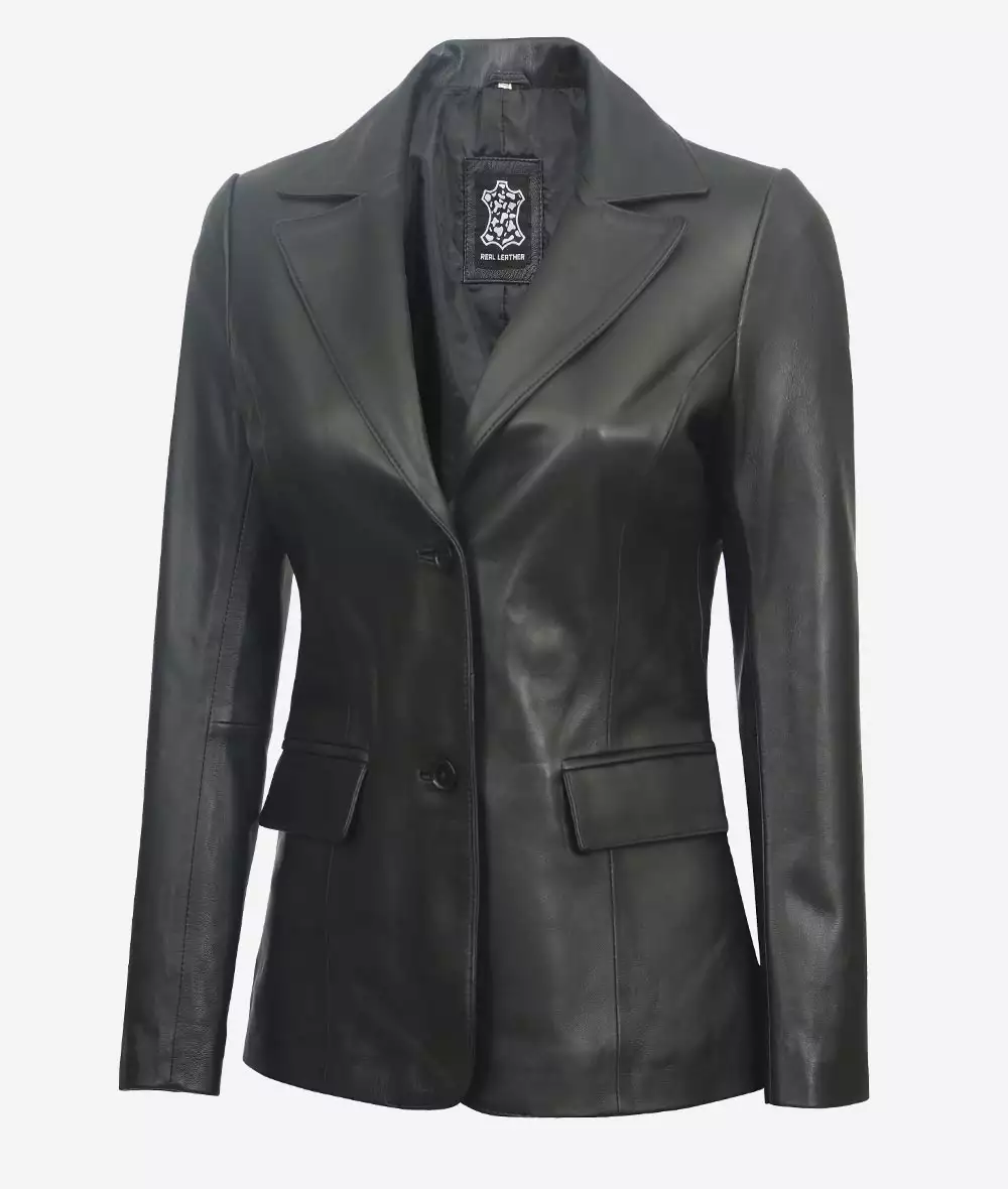 Women's Two Button Black Leather Blazer Jacket