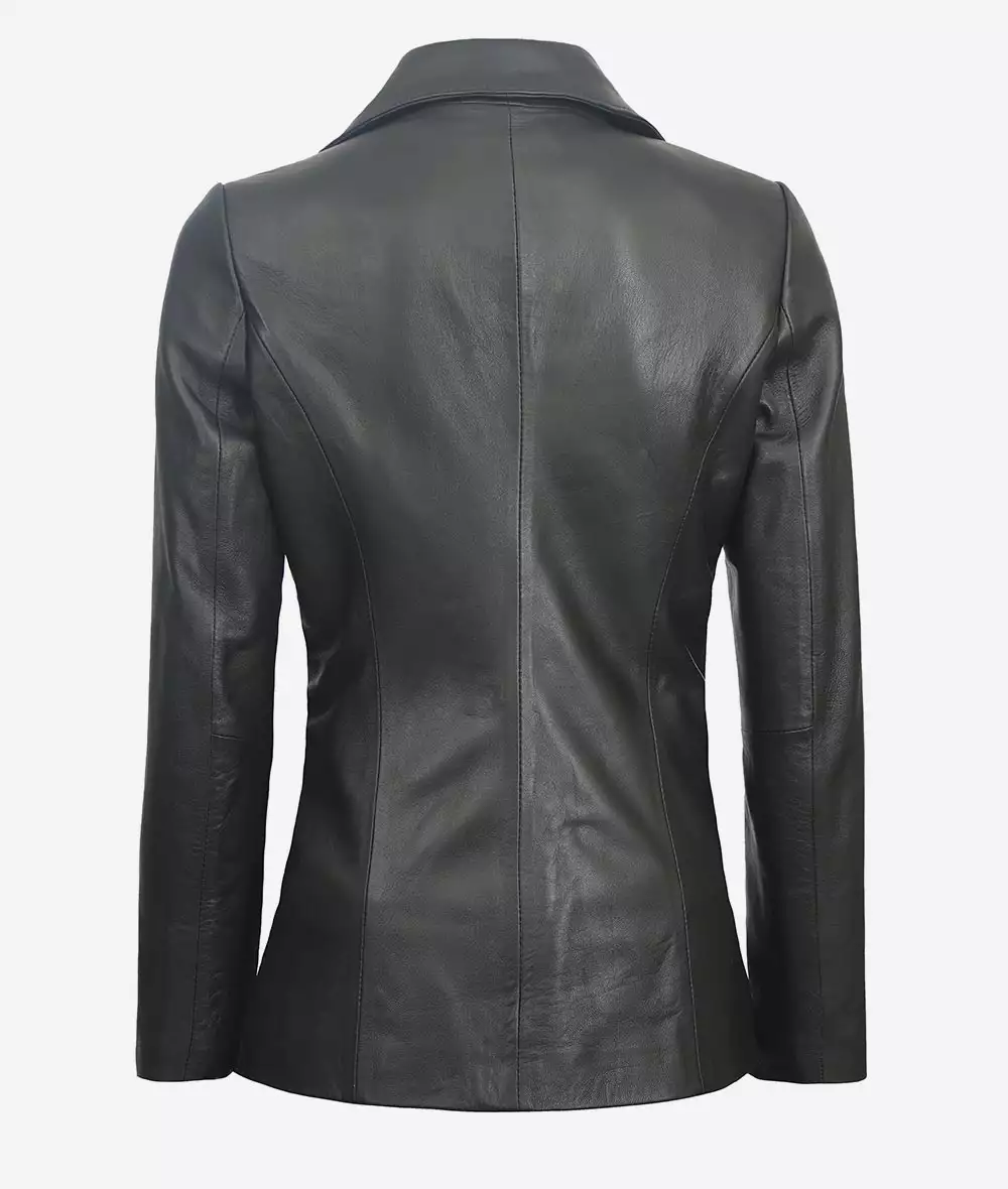 Women's Two Button Black Leather Blazer Jacket