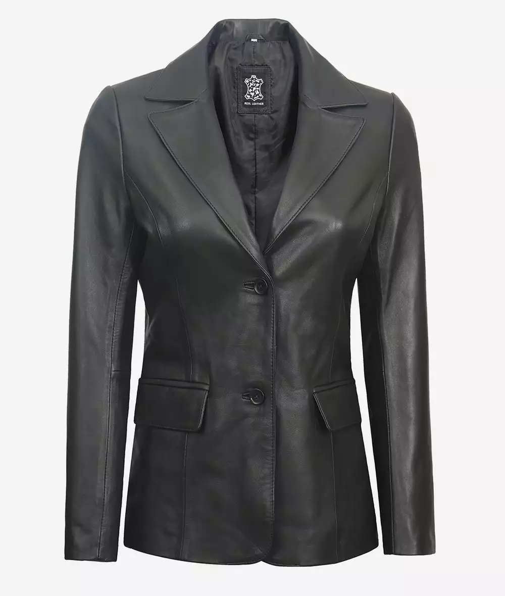 Women's Two Button Black Leather Blazer Jacket