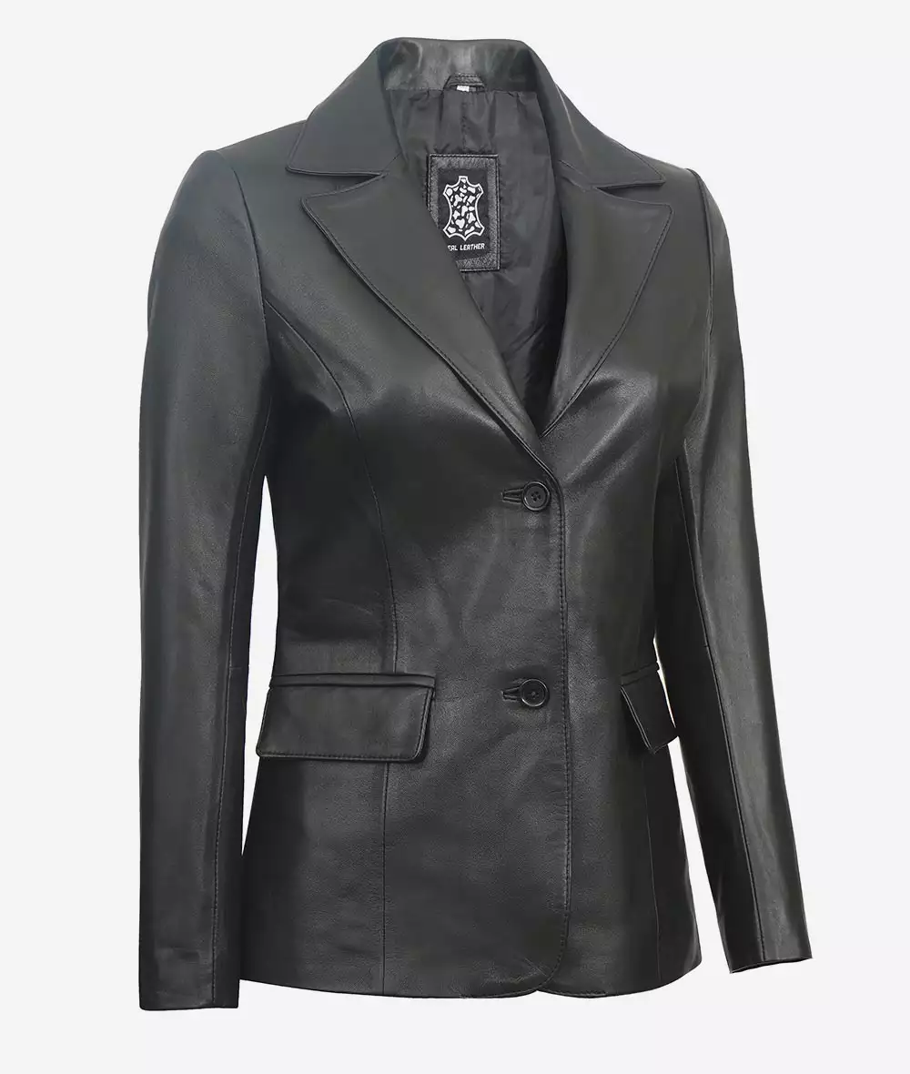 Women's Two Button Black Leather Blazer Jacket