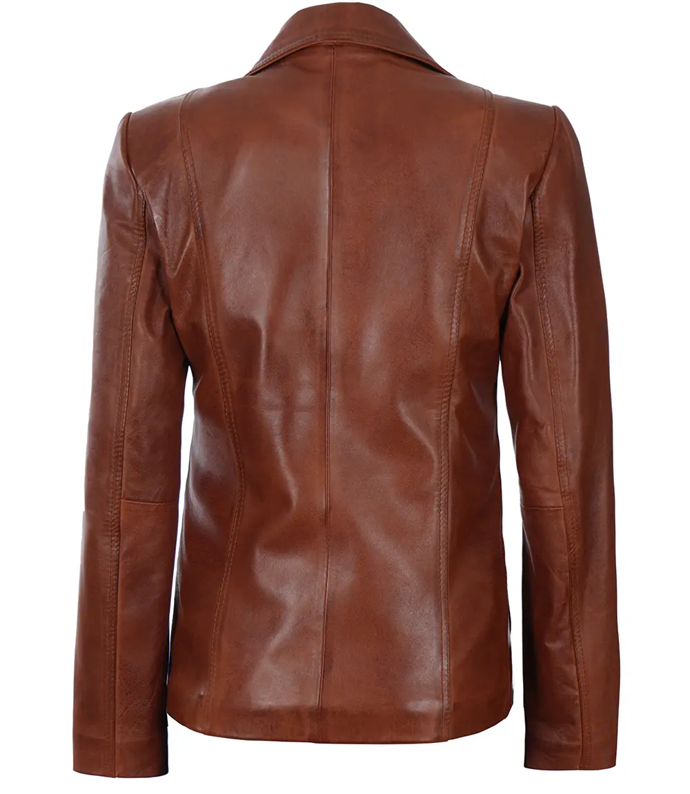 Women's Two Button Cognac Leather Blazer