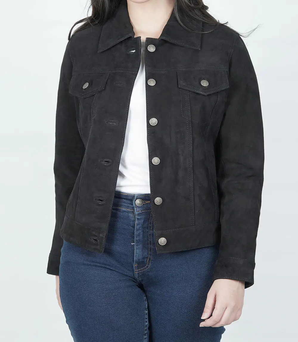 Womens Black Suede Trucker Jacket