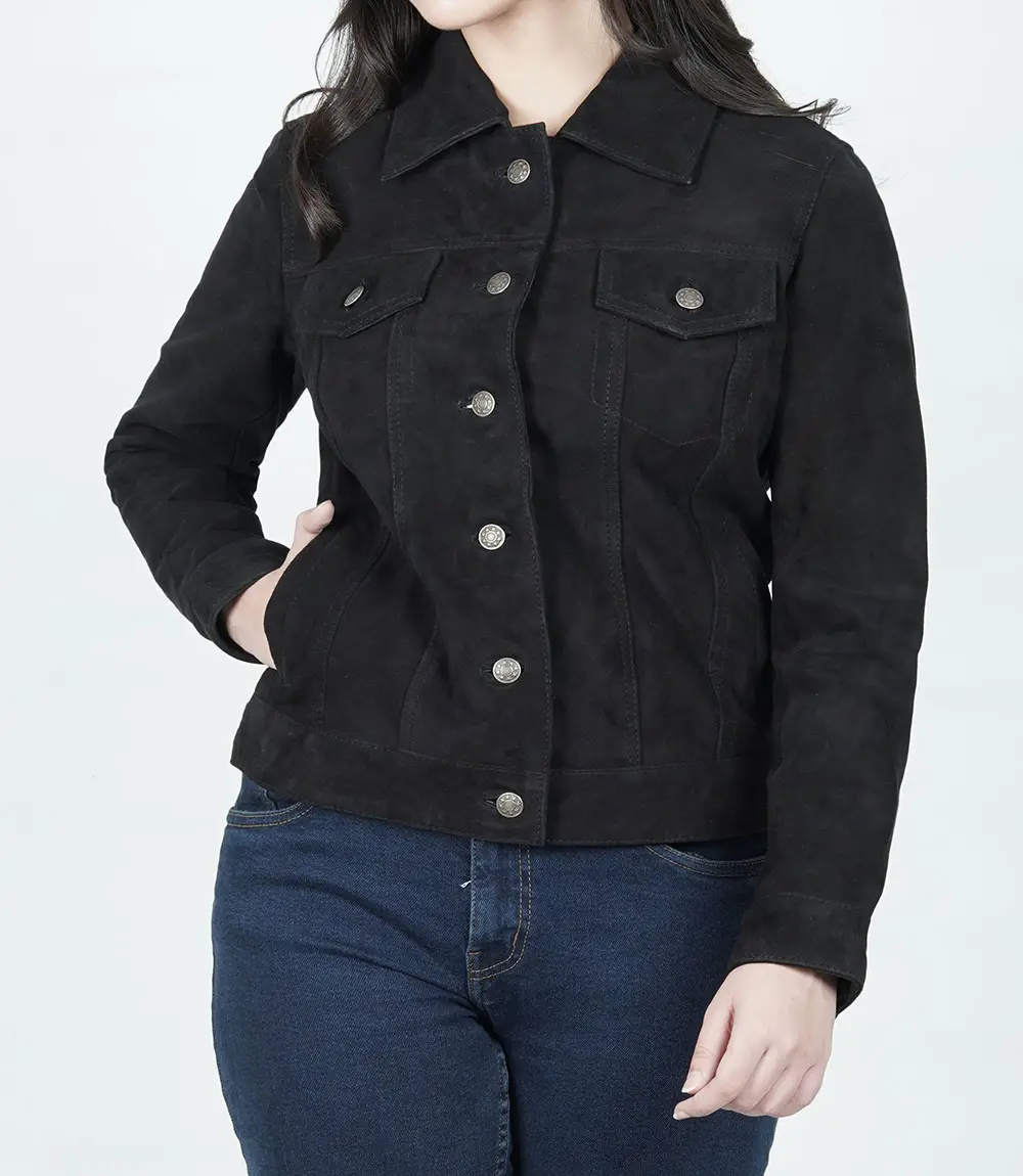 Womens Black Suede Trucker Jacket