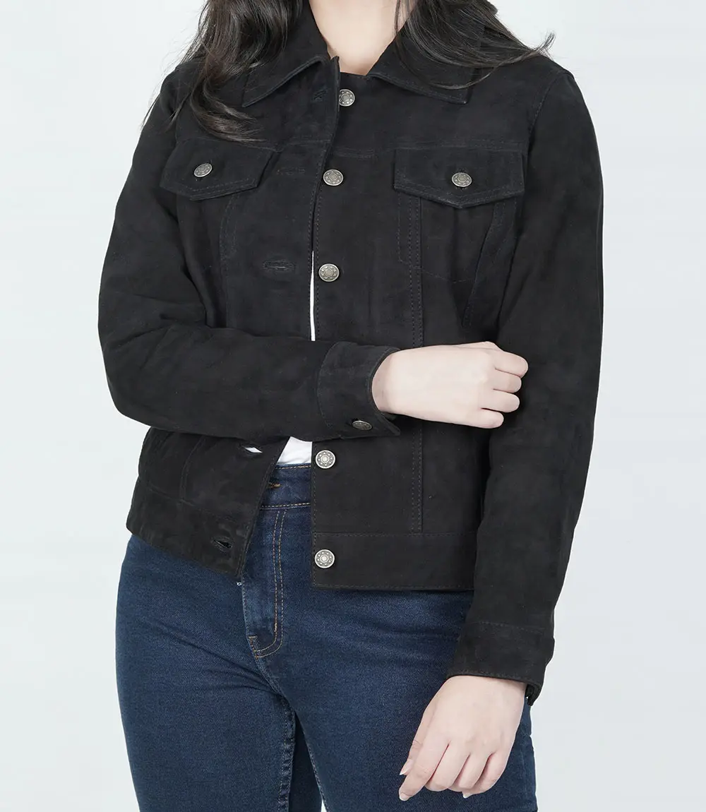 Womens Black Suede Trucker Jacket