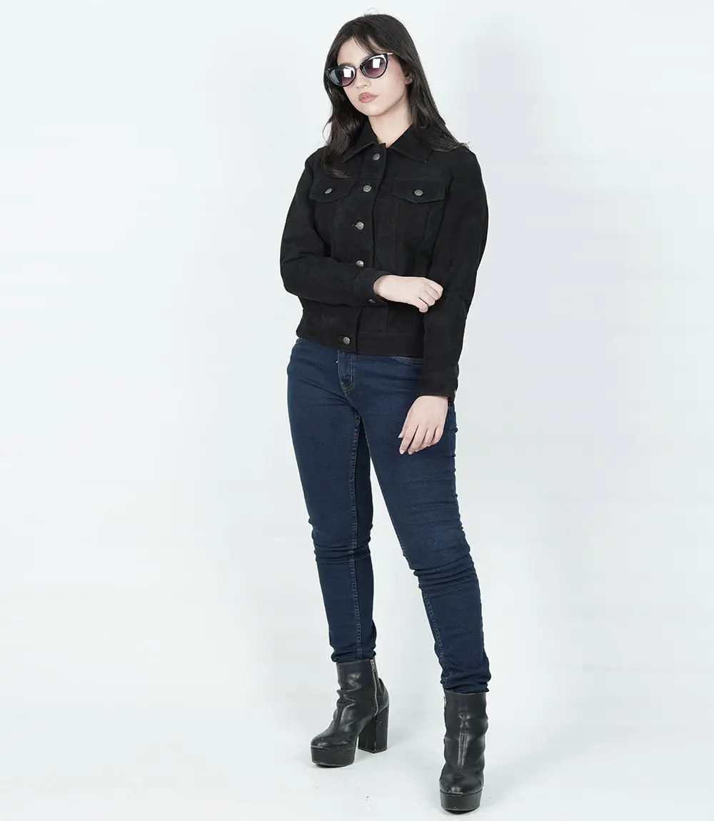 Womens Black Suede Trucker Jacket