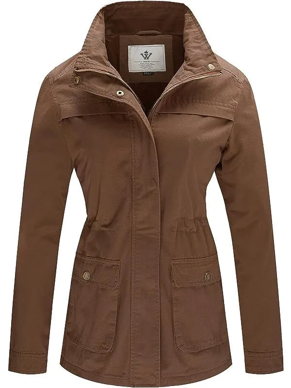 Women's Casual Military Jacket Cotton Stand Collar Utility Anorak Jacket