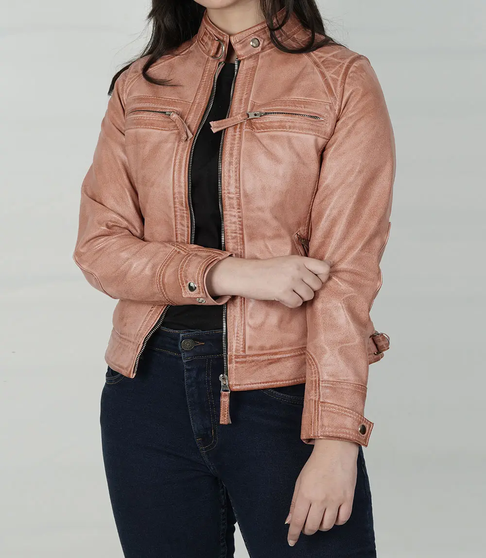 Womens Real Leather Pink With Cognac Wax Motorcycle Jacket