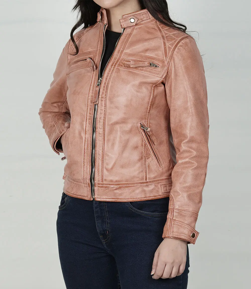 Womens Real Leather Pink With Cognac Wax Motorcycle Jacket