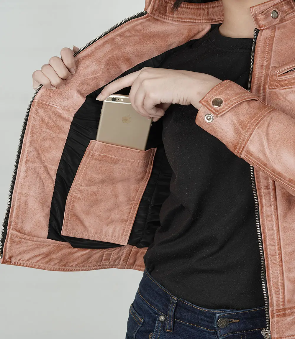 Womens Real Leather Pink With Cognac Wax Motorcycle Jacket