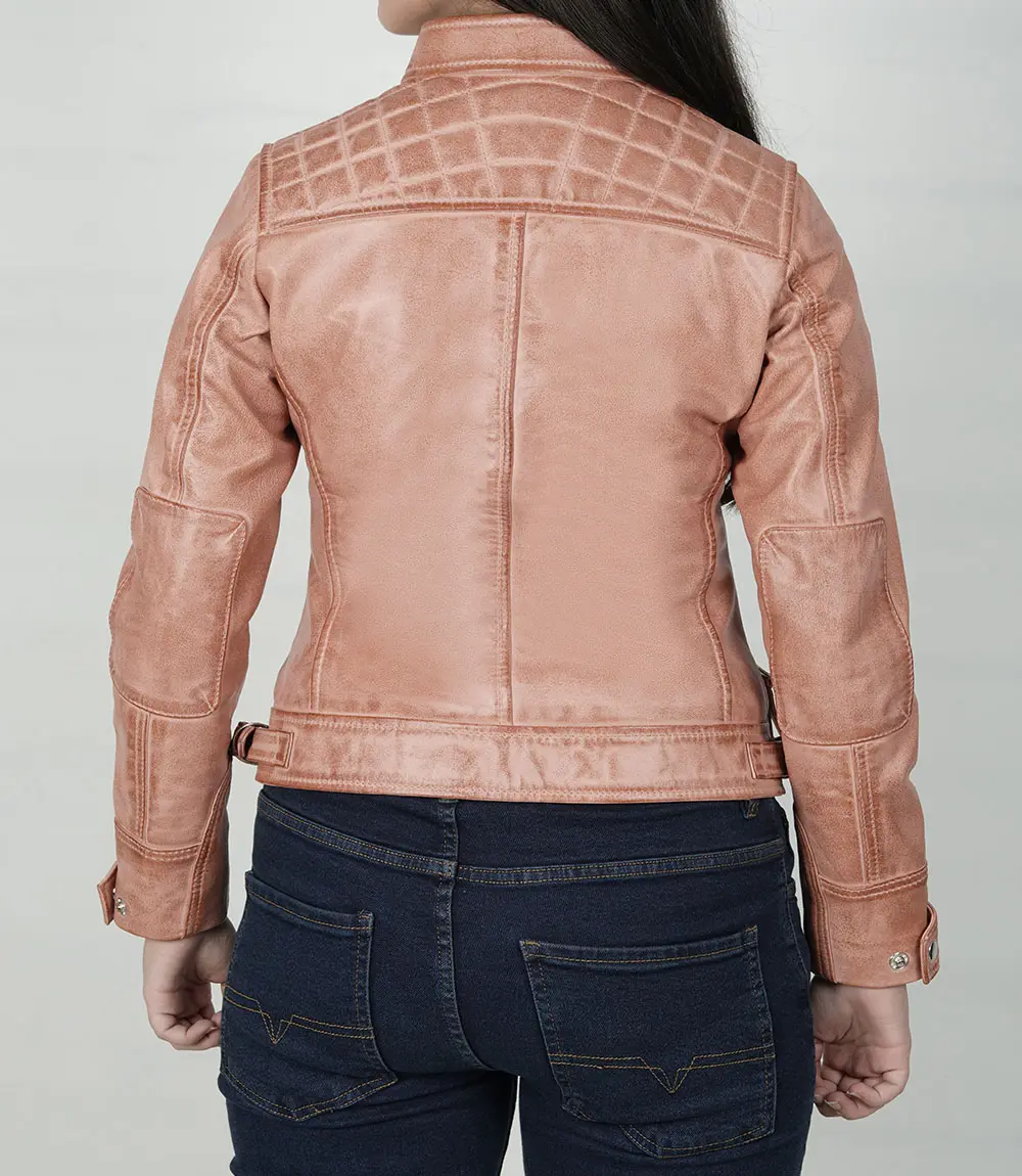 Womens Real Leather Pink With Cognac Wax Motorcycle Jacket