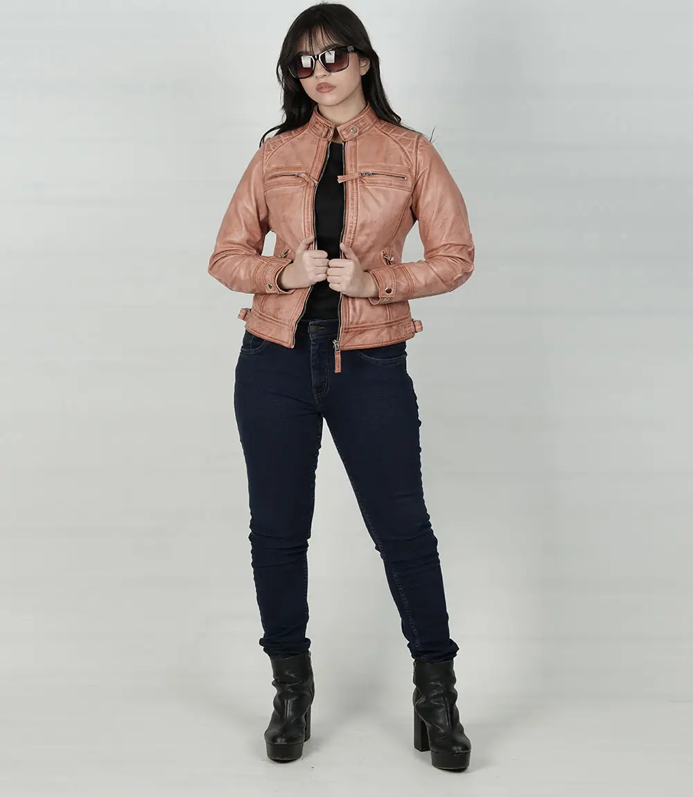 Womens Real Leather Pink With Cognac Wax Motorcycle Jacket