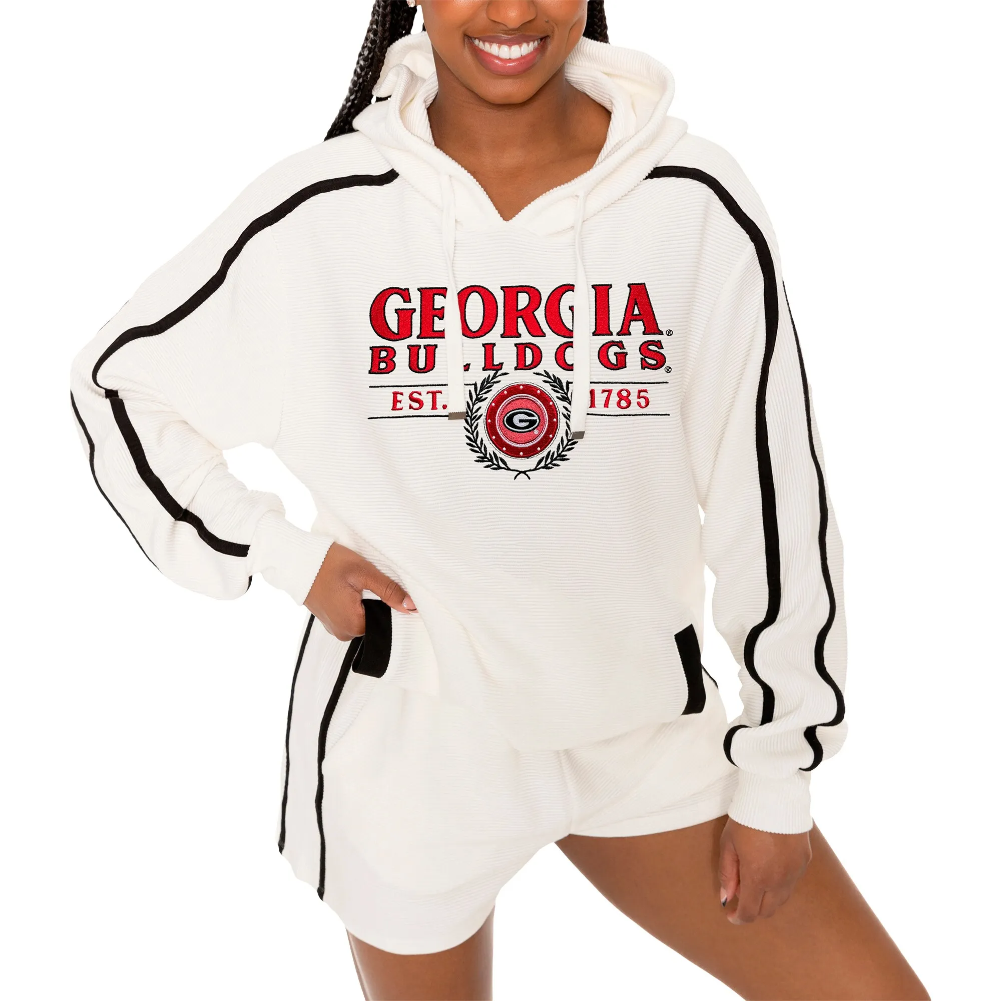 Women's Gameday Couture Cream Georgia Bulldogs Down, Set, Go Pullover Hoodie and Shorts Set