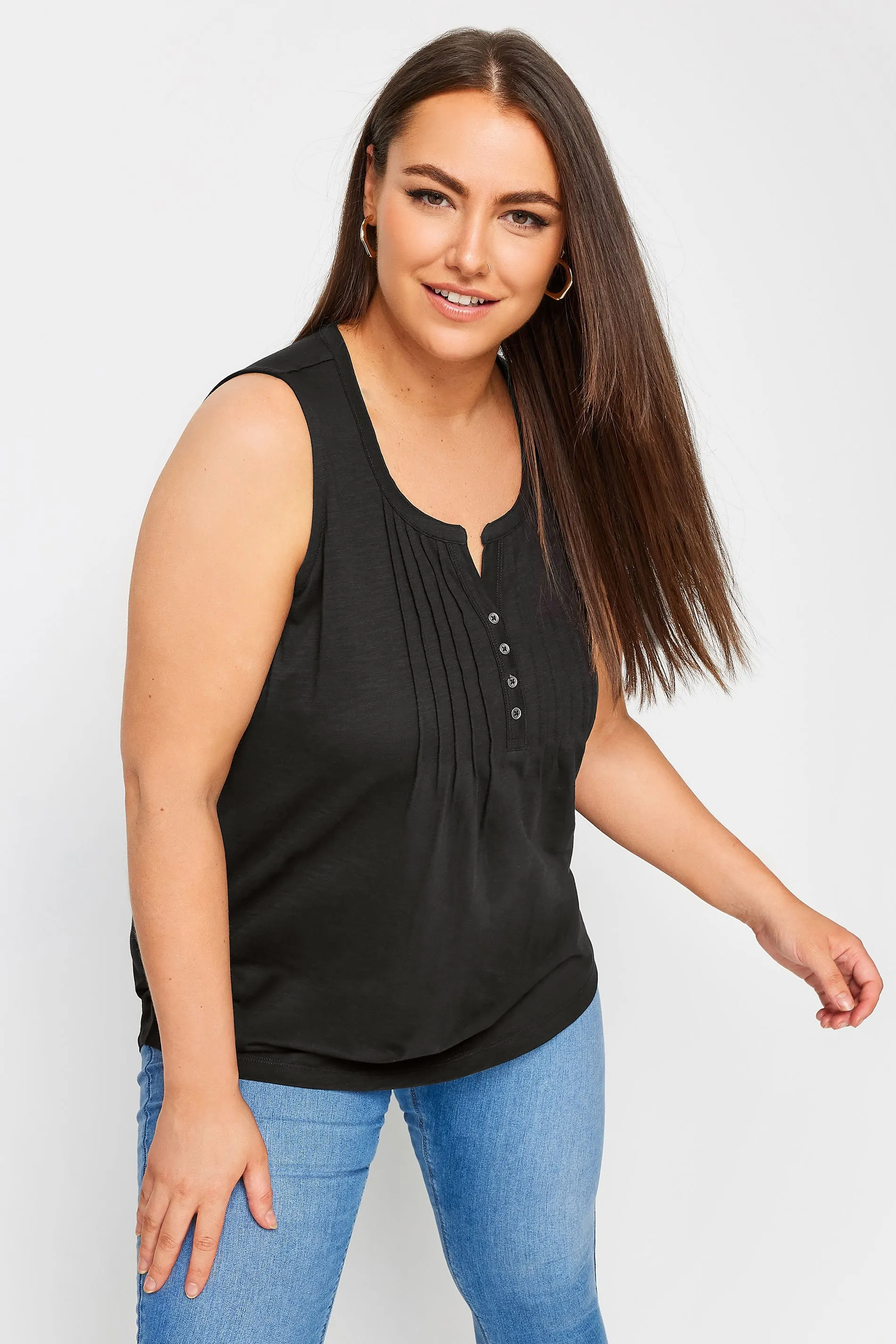 YOURS Curve Black Pintuck Henley Vest Top