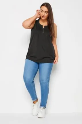 YOURS Curve Black Pintuck Henley Vest Top