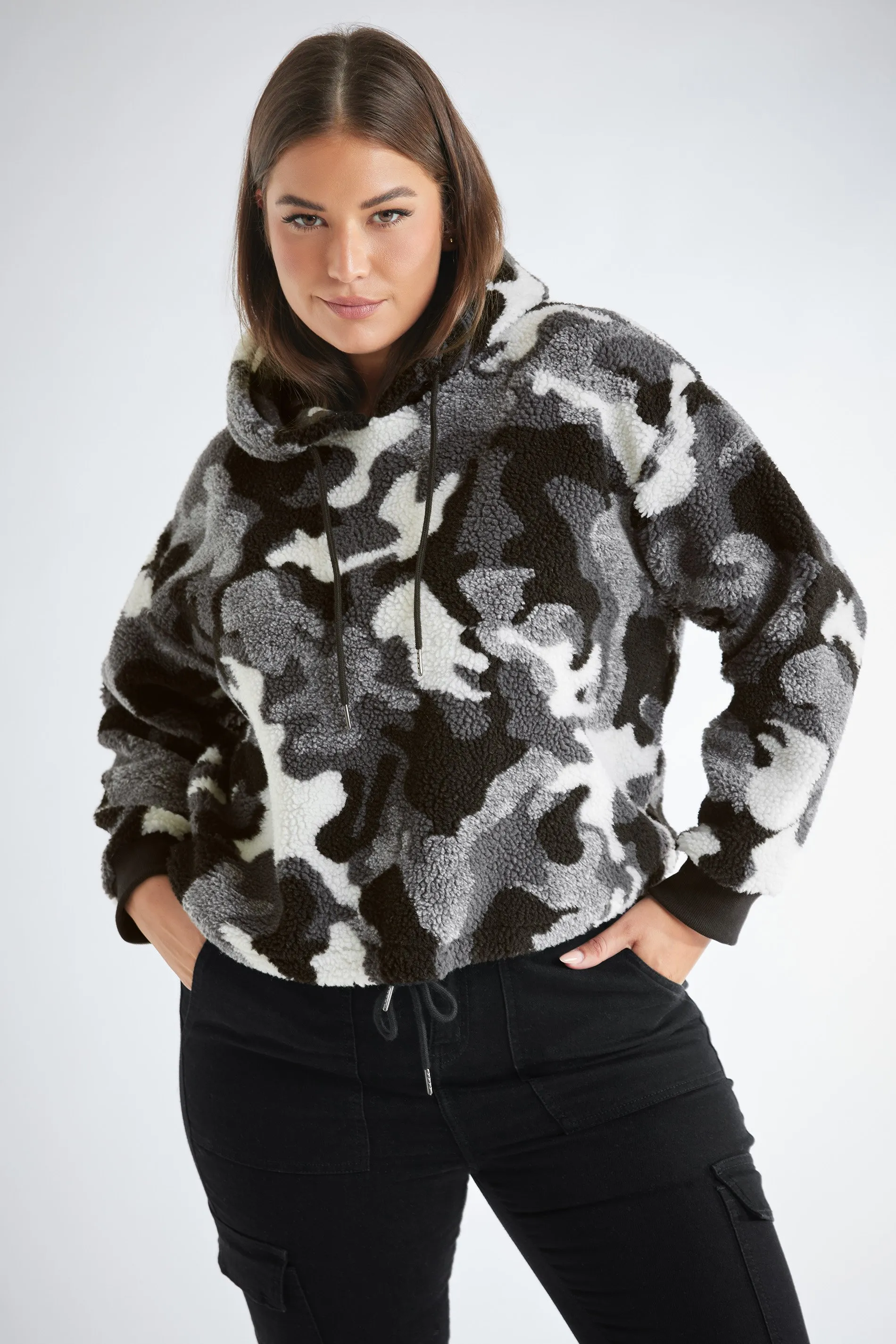 YOURS Curve Gray Camo Print Cropped Fleece Hoodie for sale