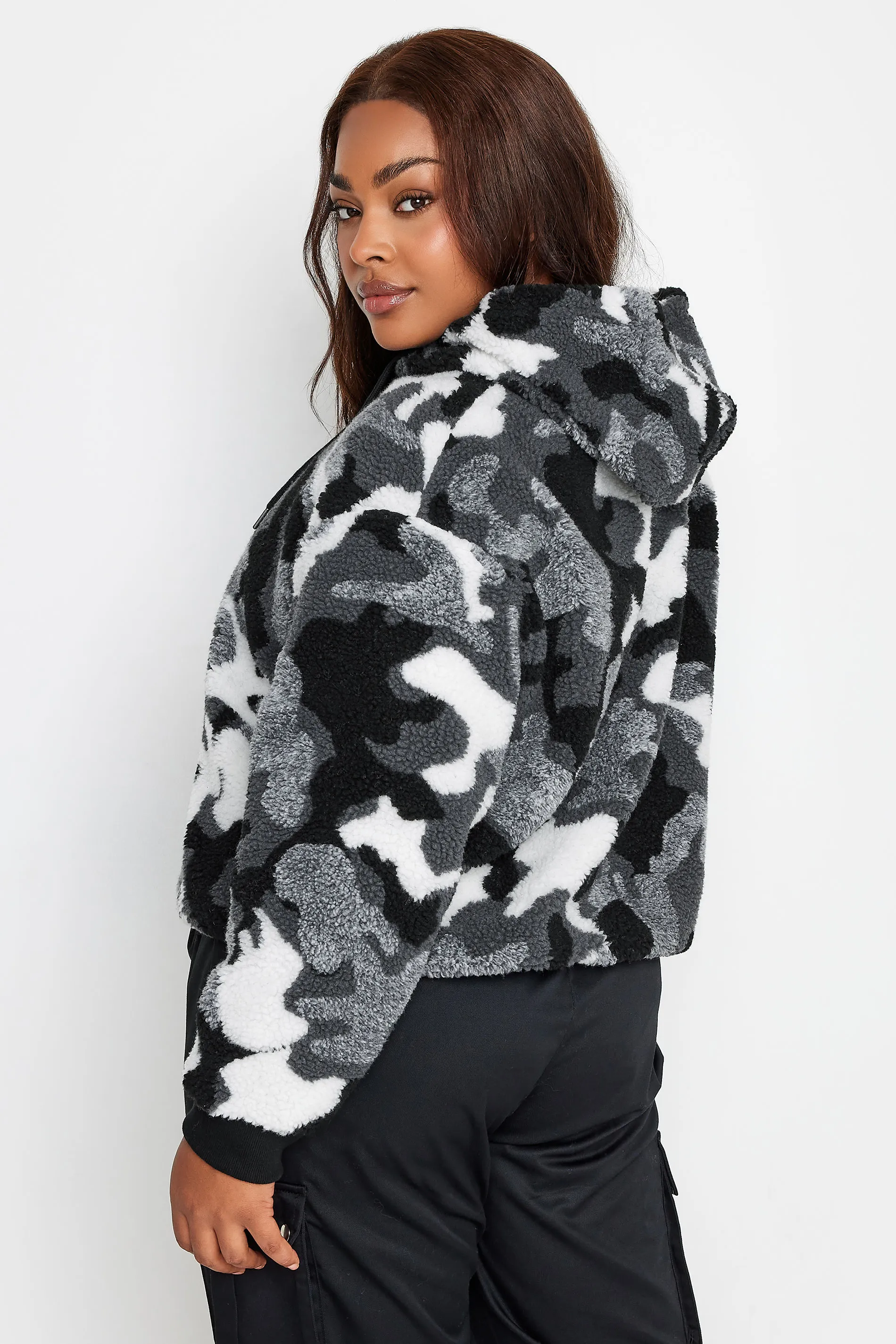 YOURS Curve Gray Camo Print Cropped Fleece Hoodie for sale