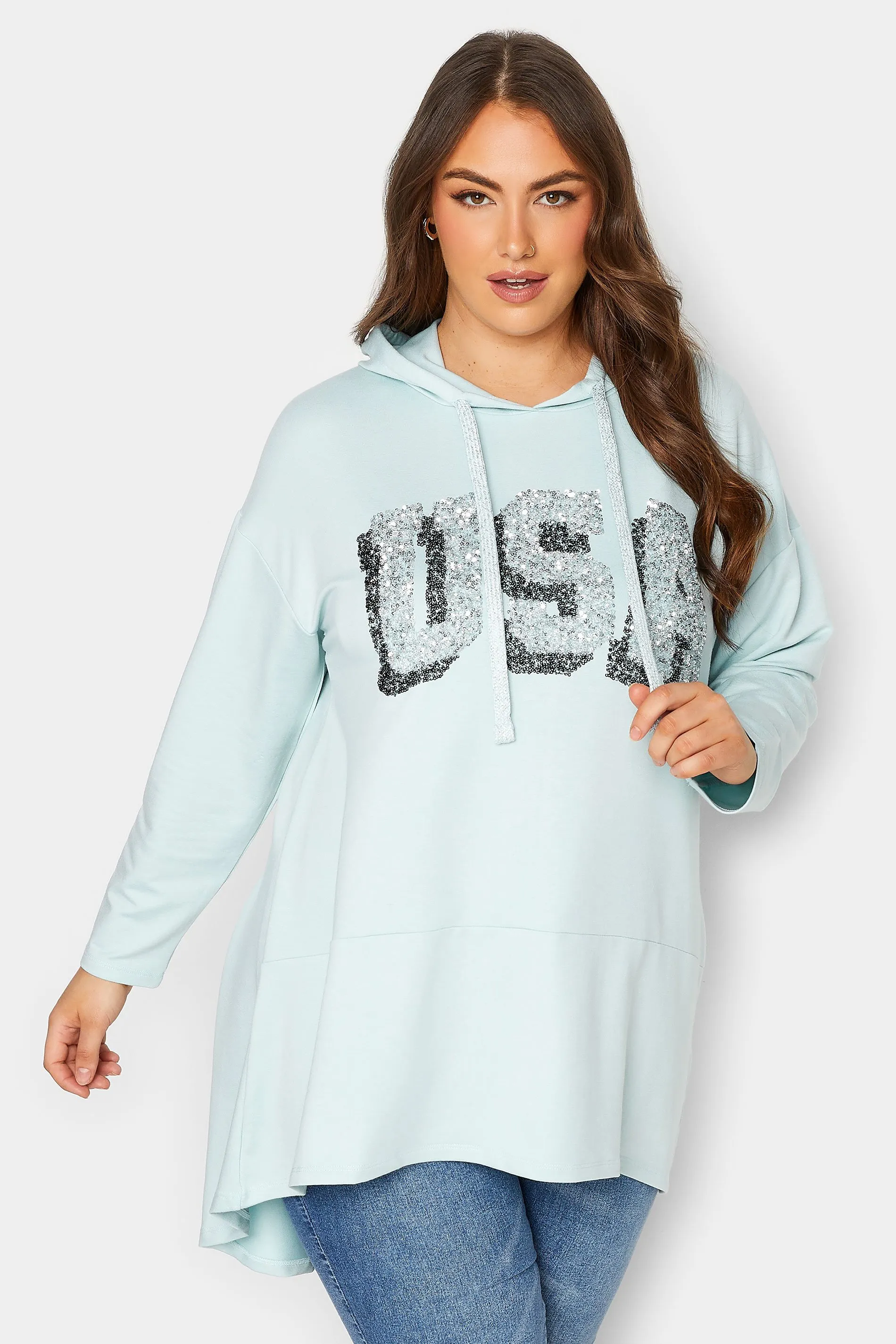 YOURS Curve Mint Green Longline Hoodie with 'USA' Slogan