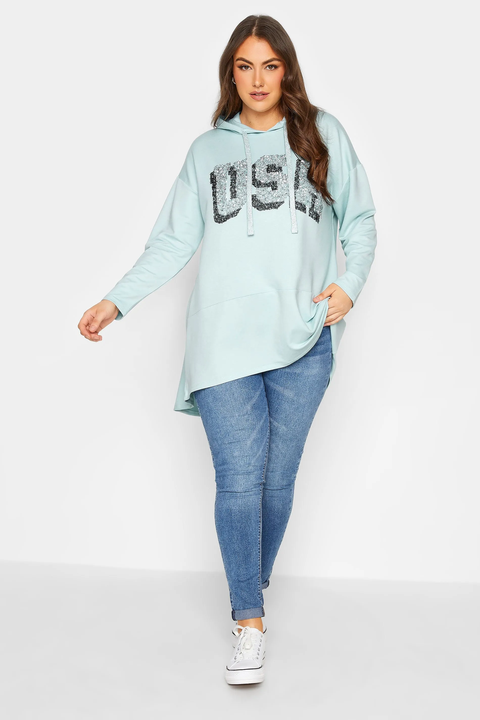 YOURS Curve Mint Green Longline Hoodie with 'USA' Slogan