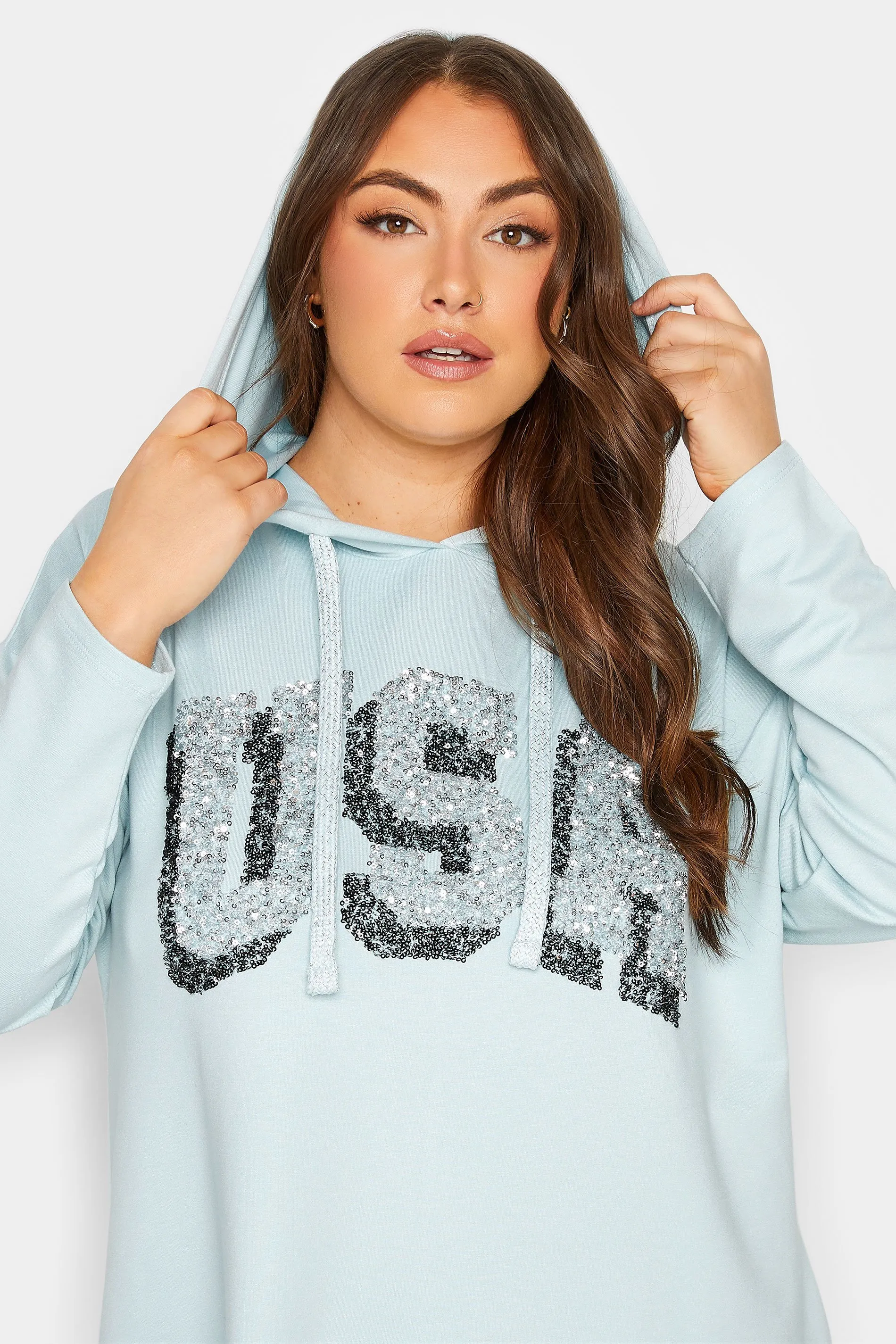 YOURS Curve Mint Green Longline Hoodie with 'USA' Slogan