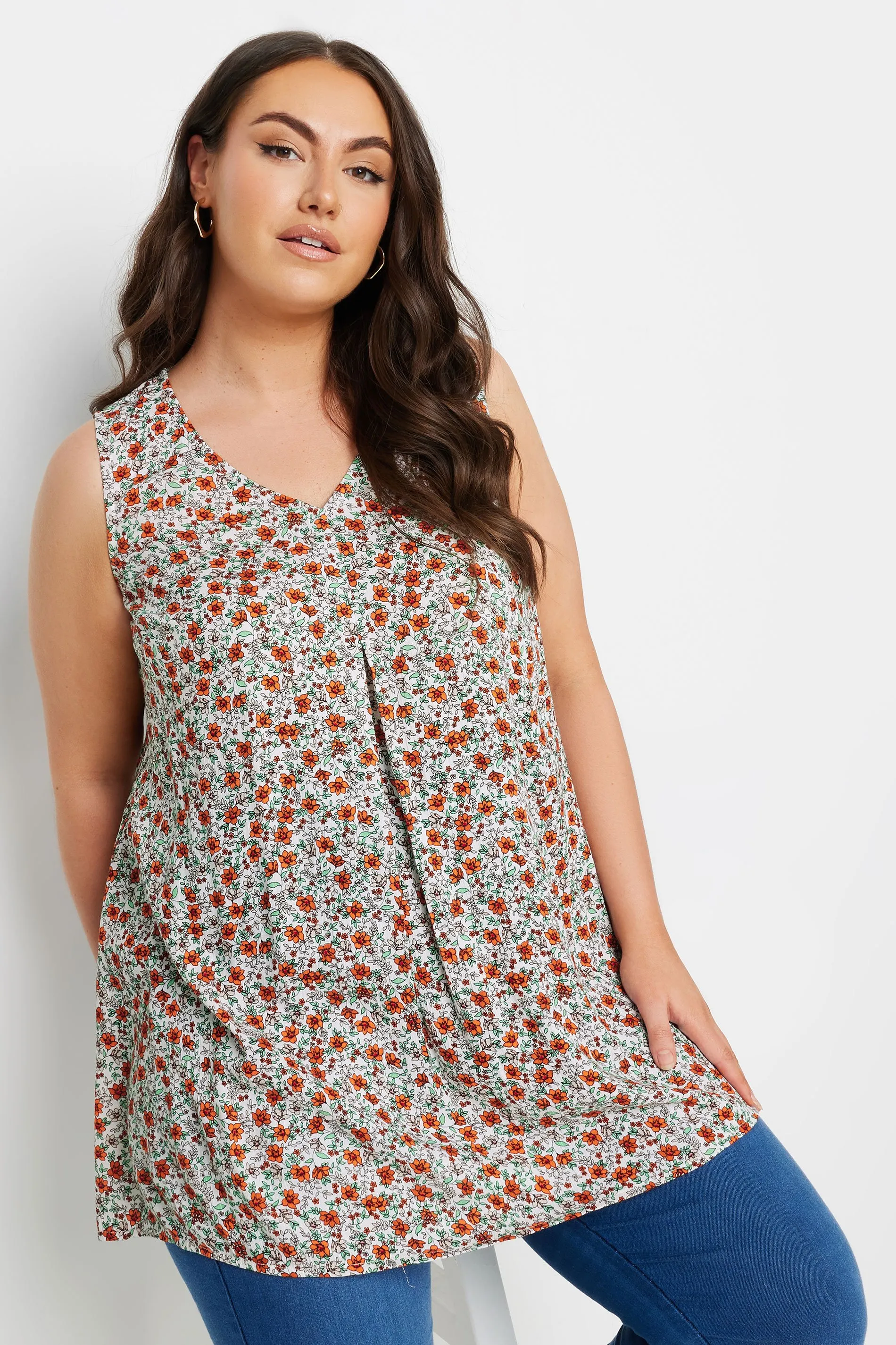 YOURS Curve Orange Floral Print Pleated Vest Top