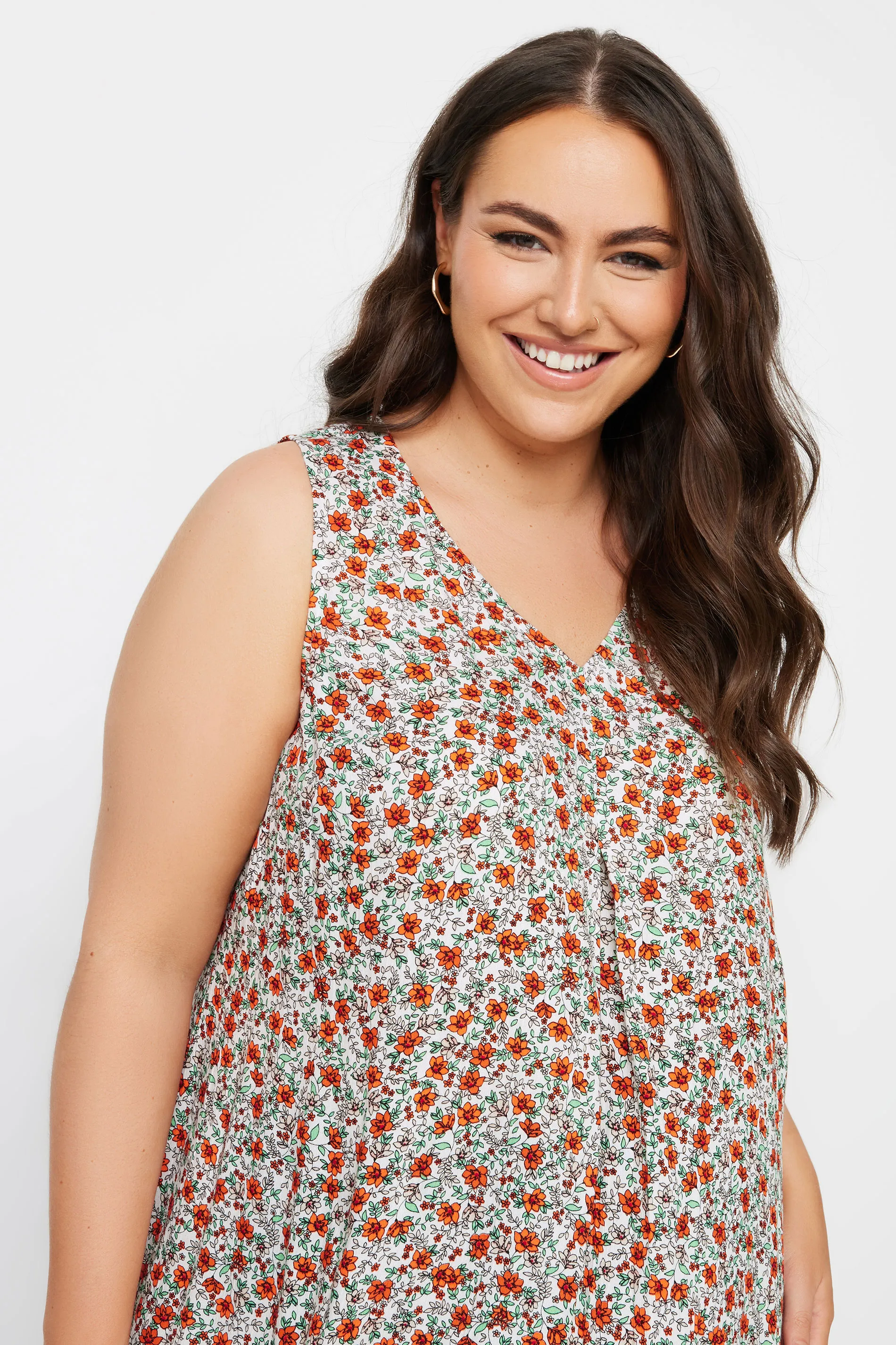 YOURS Curve Orange Floral Print Pleated Vest Top