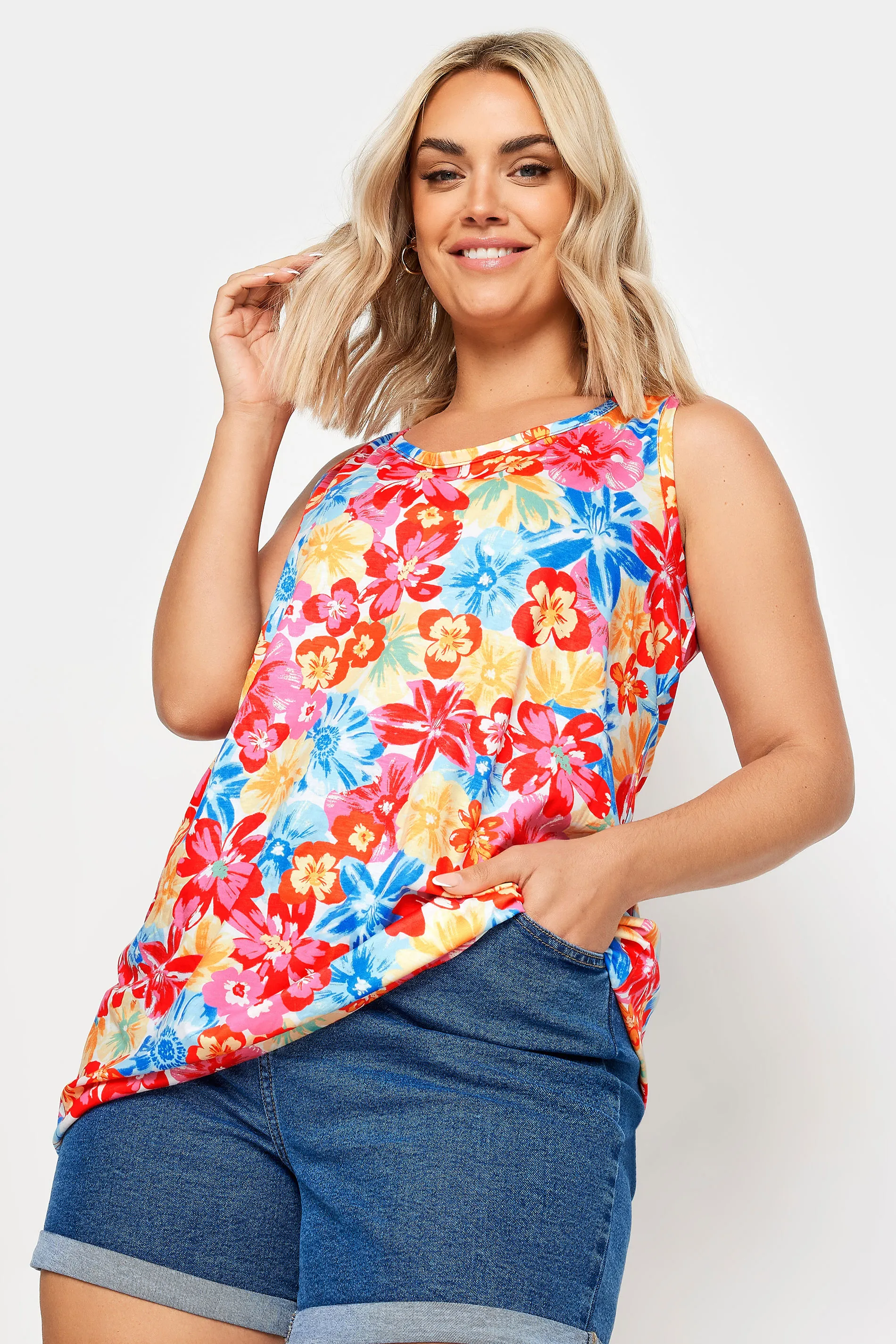 YOURS Curve Pink & Blue Floral Print Vest Top