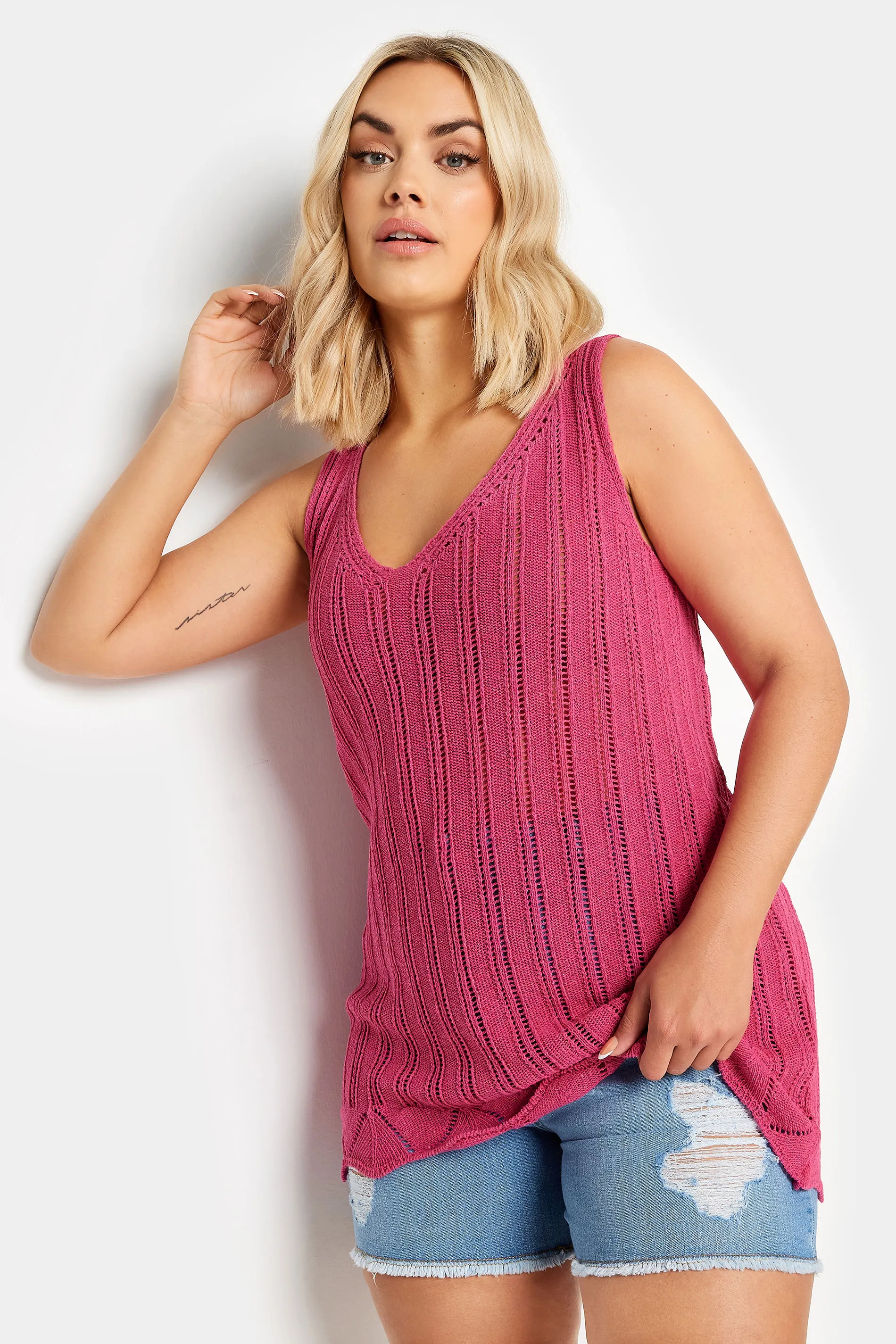 YOURS Curve Pink Crochet Knitted Vest Top